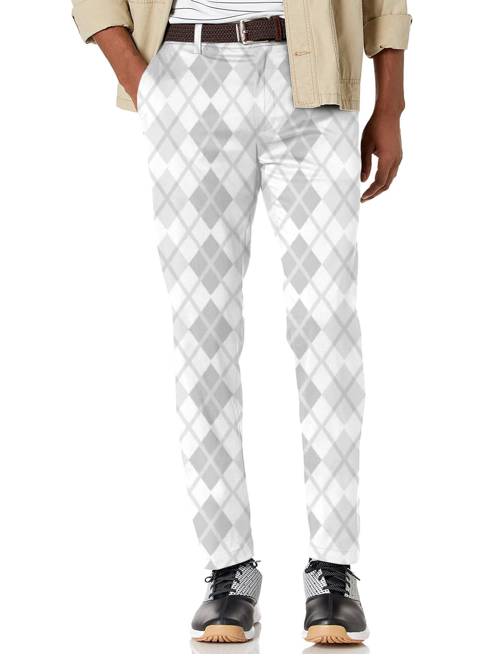 Men's argyle grey grid stretch golf pants with moisture-wicking fabric and active waistband