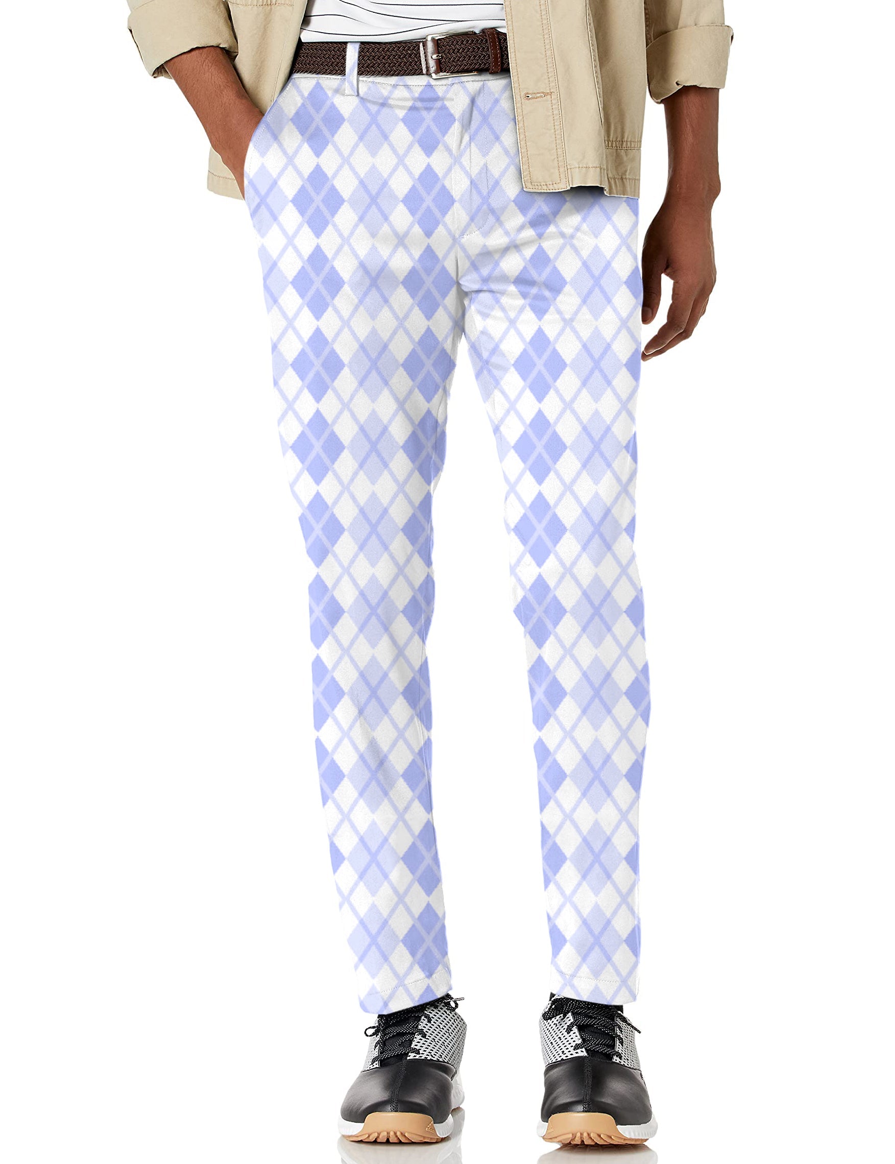Men's Argyle purple grid stretch golf pants with moisture-wicking performance fabric and active waistband