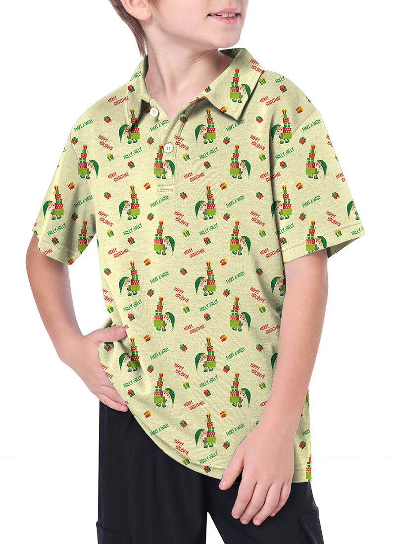 Youth golf polo with green Christmas little man print, moisture-wicking and wrinkle-resistant fabric for kids