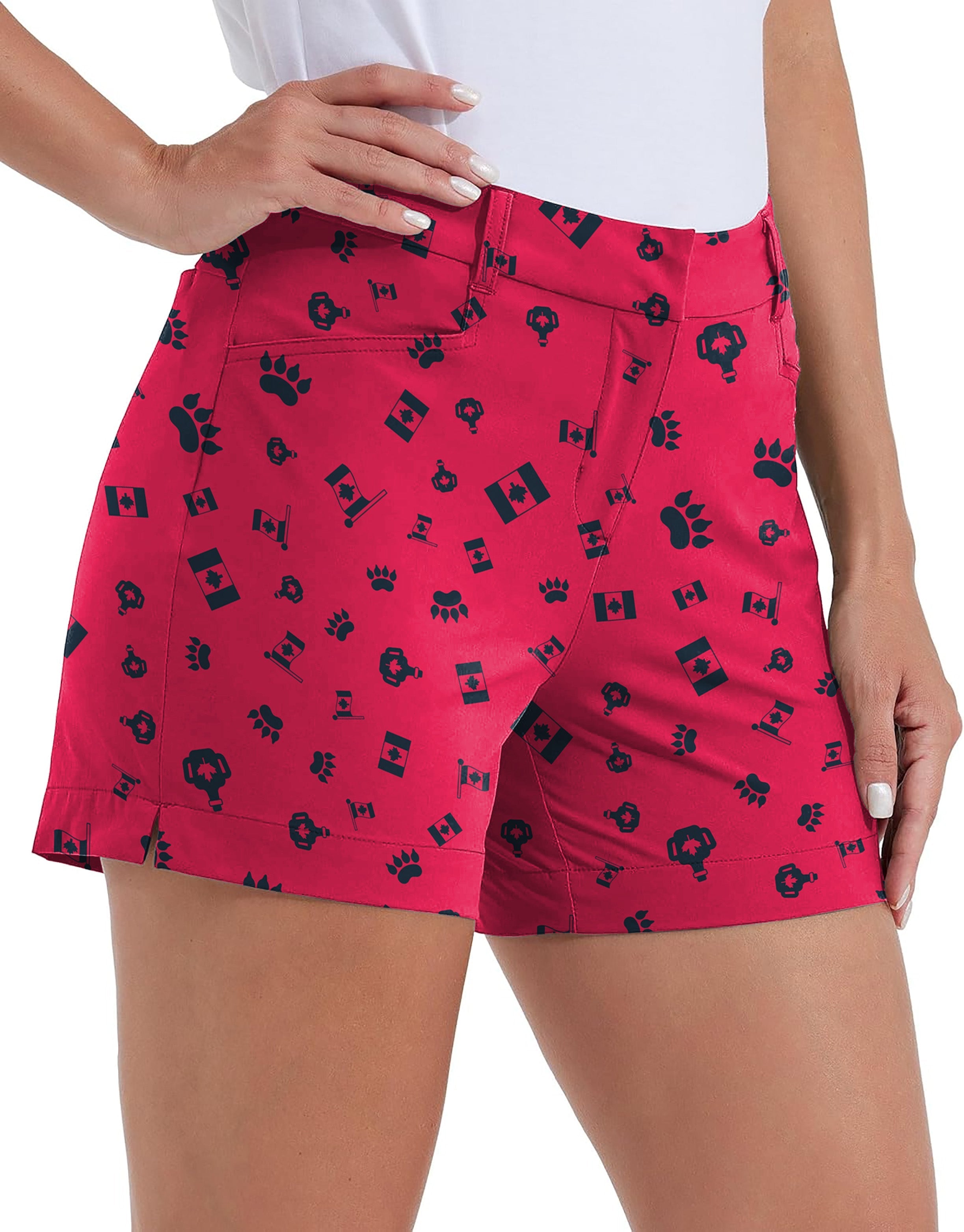 Women's quick-drying red golf shorts with Canadian Flag and paw print pattern, casual outdoor wear with pockets