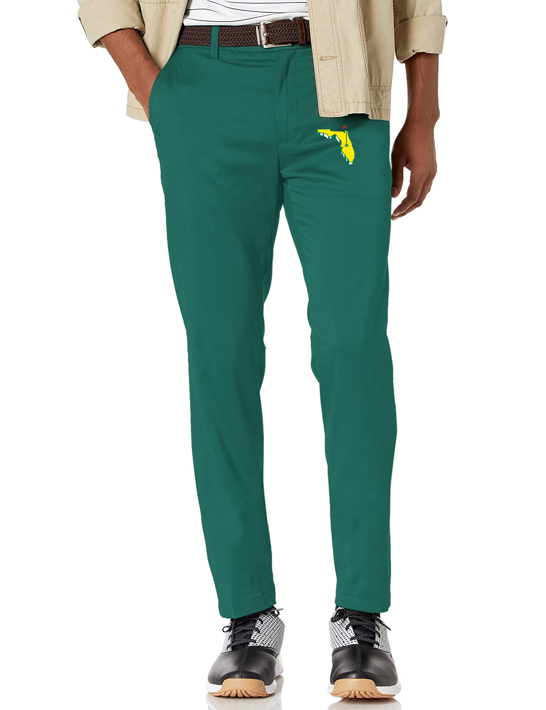 Men's customized green golf pants with state embroidery and stretch performance fabric