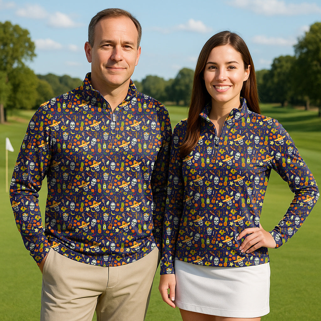 Enthusiastic Skull Couple Golf Active 3/4 Zip Top Long Sleeves