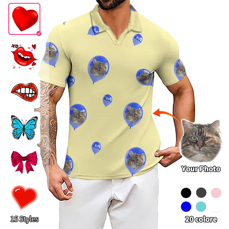 Valentine's Day men's custom yellow V-neck golf polo shirt with personalized photo and stretchy, moisture-wicking fabric