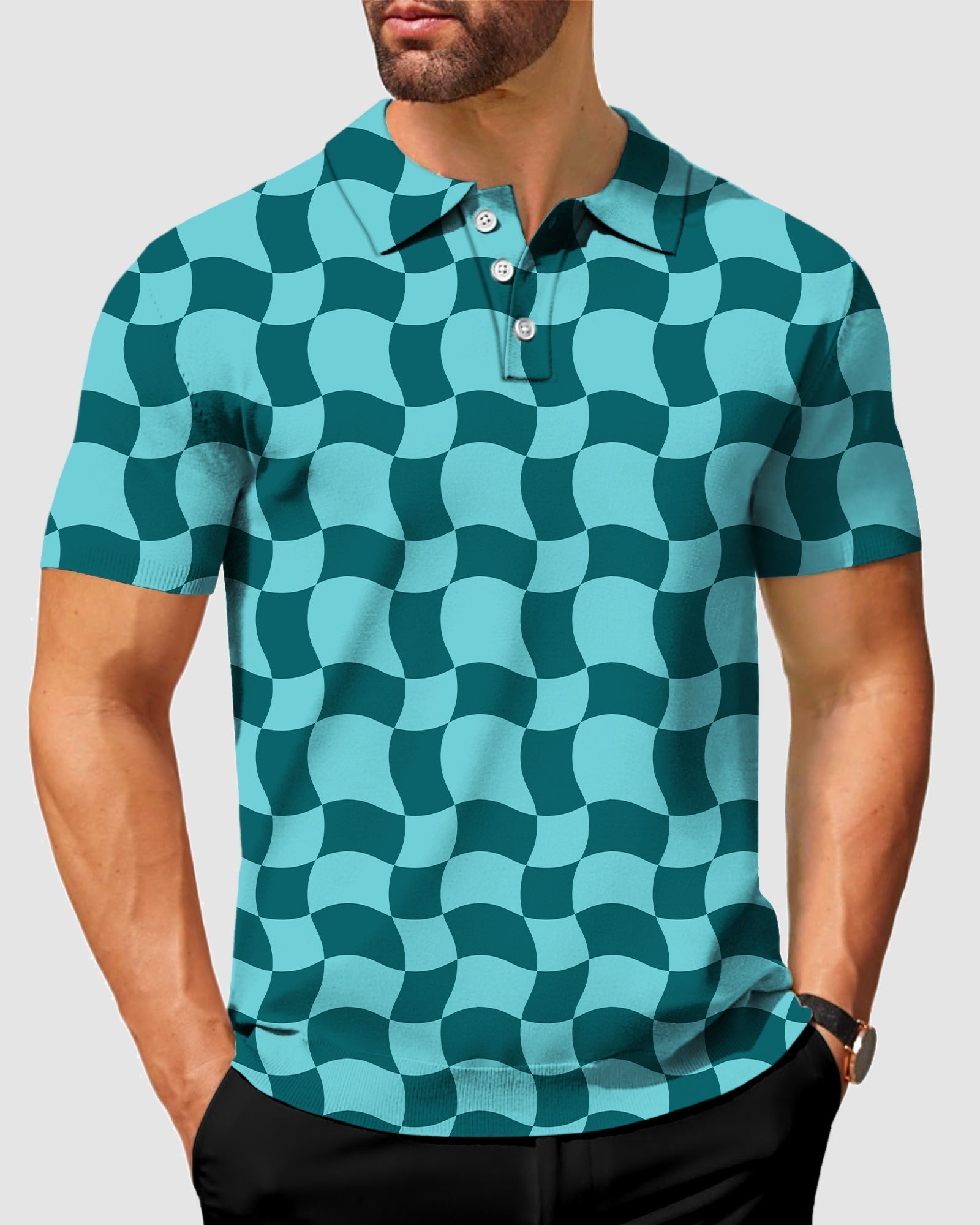 Men's Wavy SquareTanjirou Polo with blue wavy square pattern, moisture-wicking, four-way stretch, wrinkle-resistant, UPF 40+, classic fit, and stay-right collar.