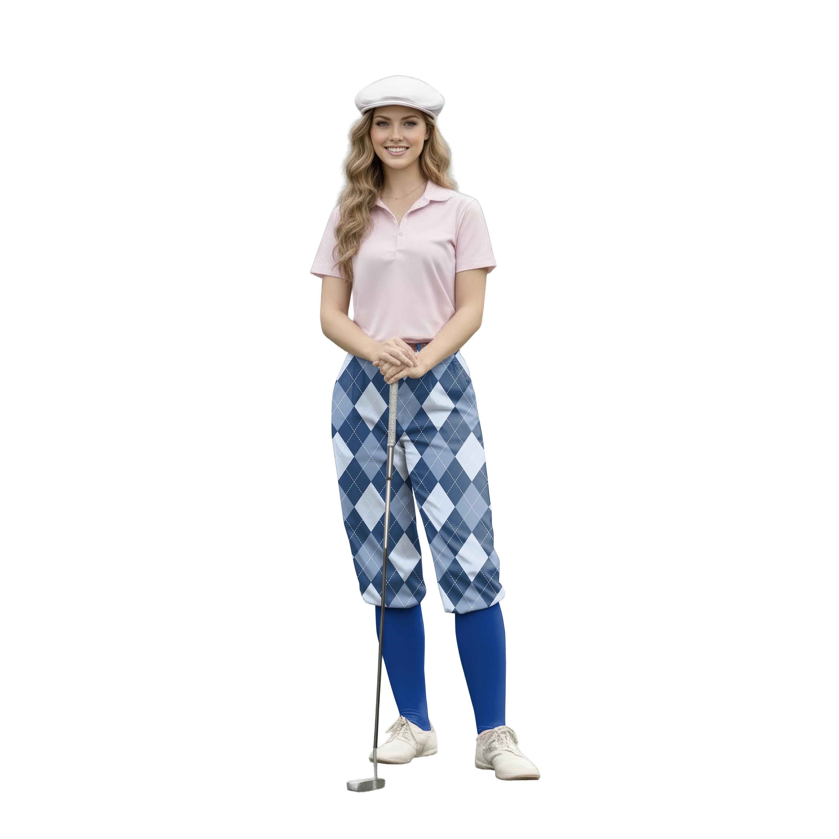woman wearing blue Argyle womens golf knickers pants holding golf club