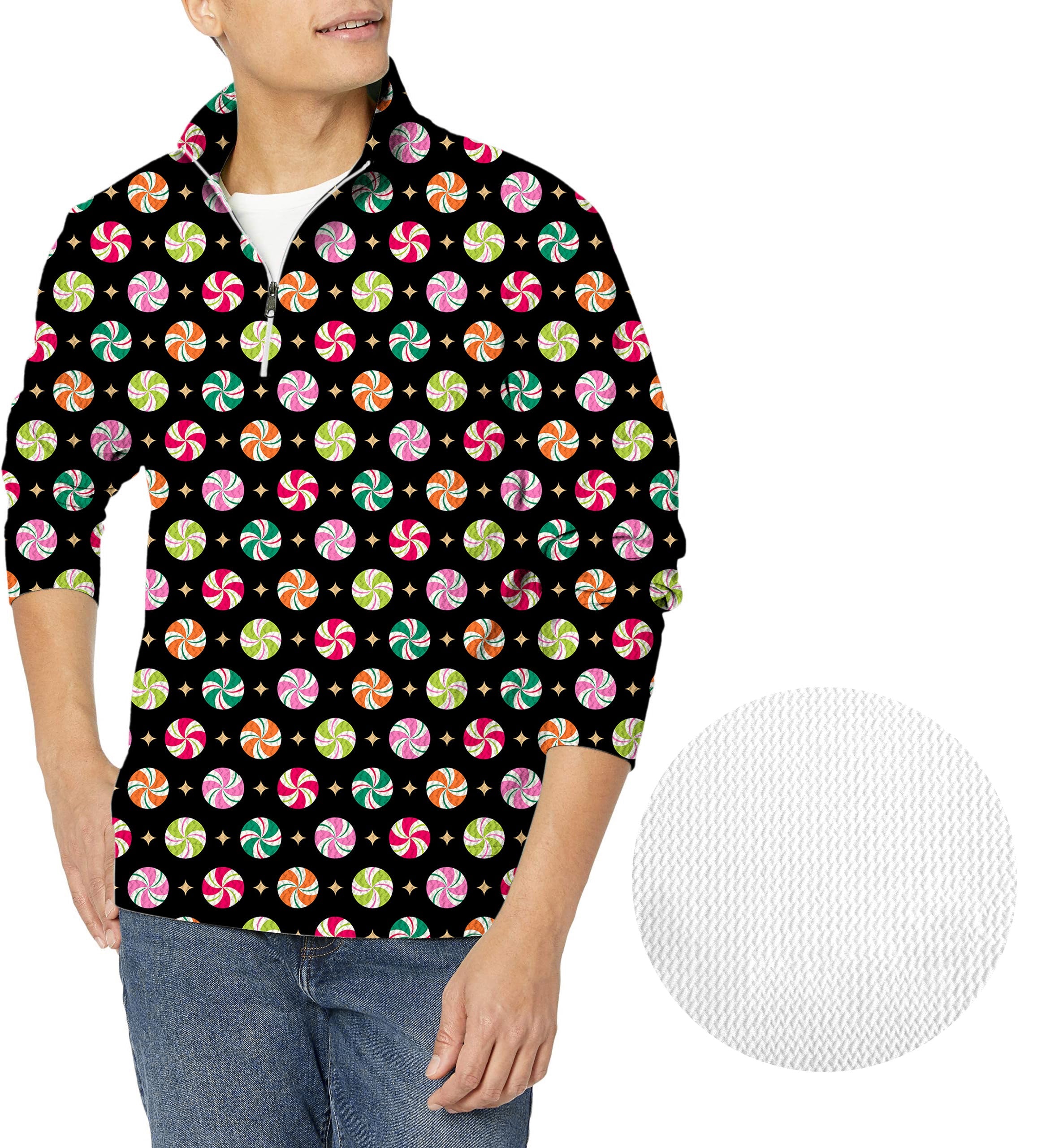 Men's golf waffle zipper pullover with colorful Christmas lights pattern on black background