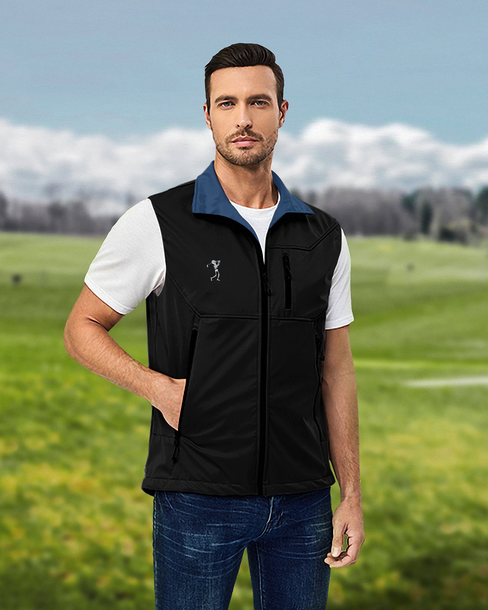 Men's Blue Royal Black Halloween Skeleton Golf Lightweight Softshell Vest Sleeveless Jacket for Golf Windproof Waterproof