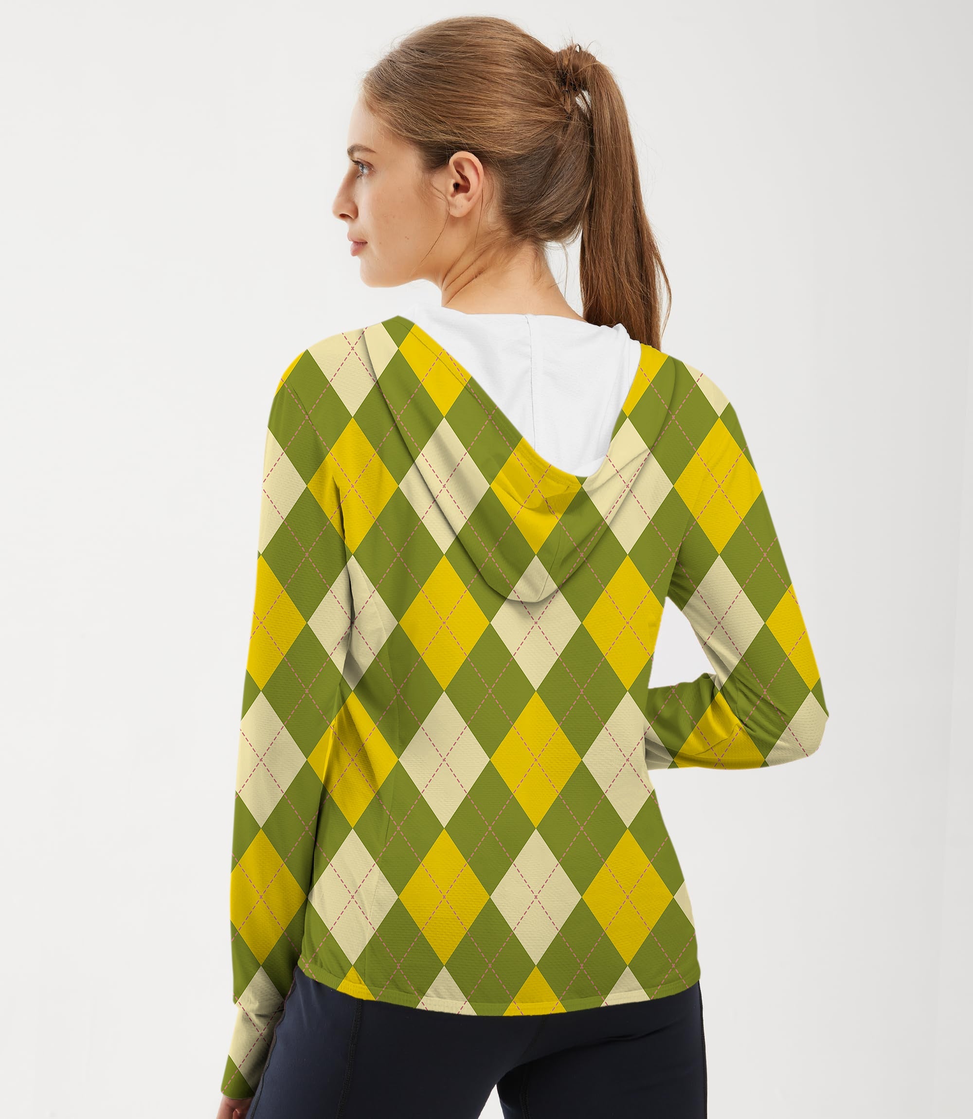 Women's outdoor Yollow Argyle golf sun protection slim fit zip hoodie with UPF 50+ fabric and thumb holes