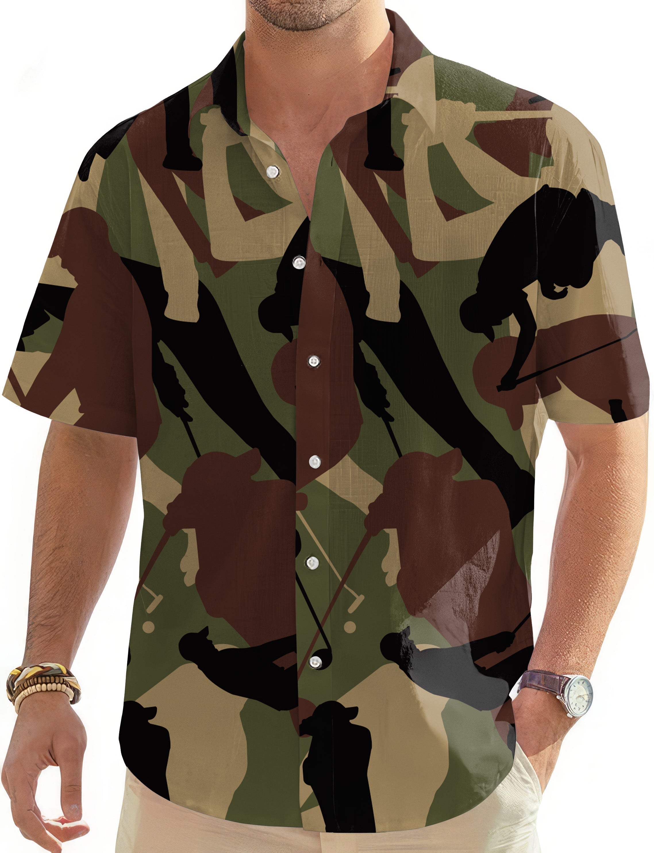 Army Green Golf men's Hawaiian button-down shirt with camouflage golf silhouette pattern