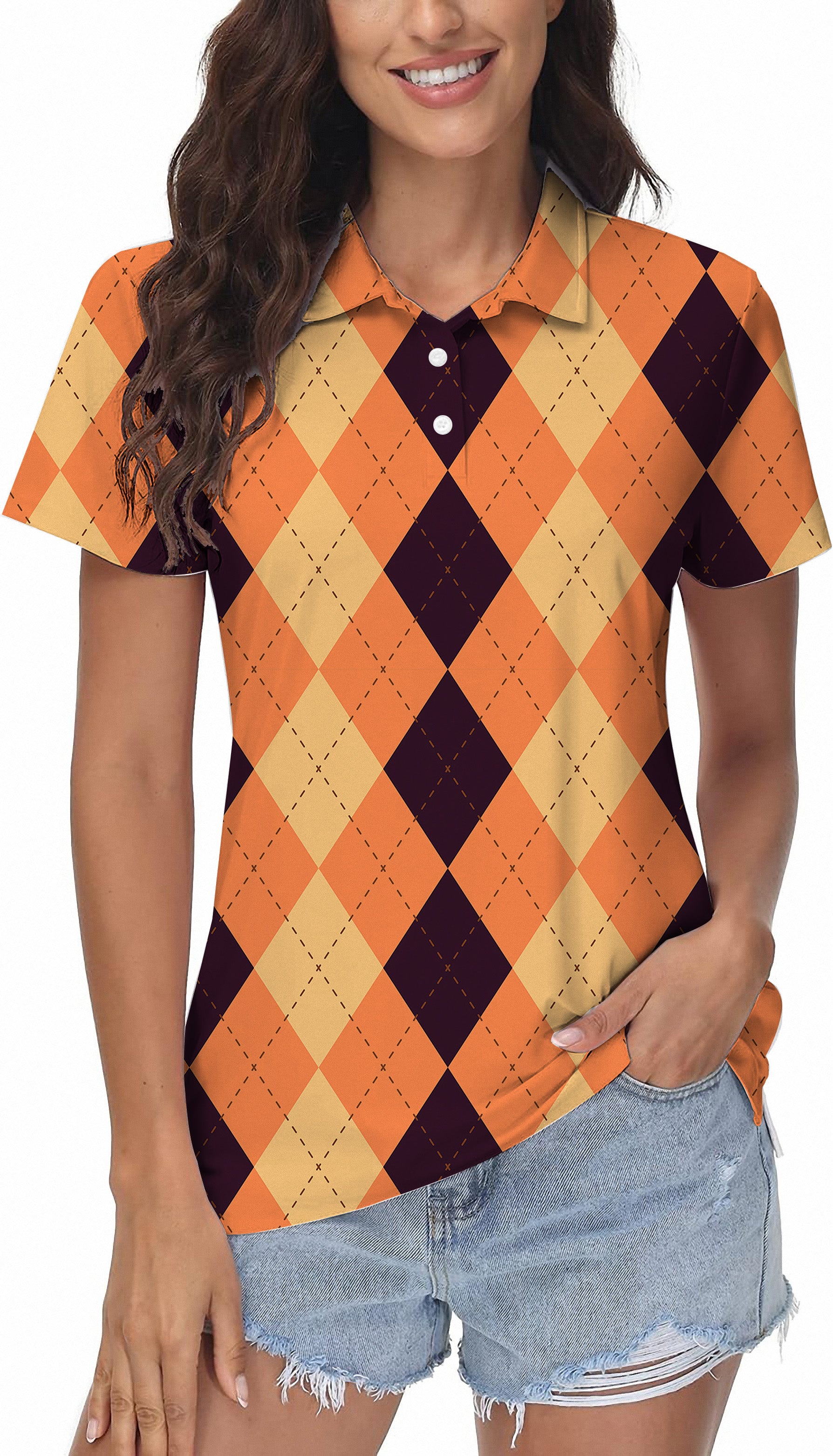 Halloween black light argyle women's golf polo shirt in yellow and orange with stretch, moisture-wicking fabric and UPF 40+ protection