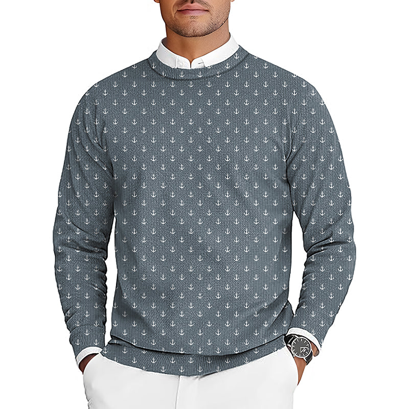 Gray Anchor Men's Golf crewneck pullover sweater with anchor pattern and white collar shirt underneath