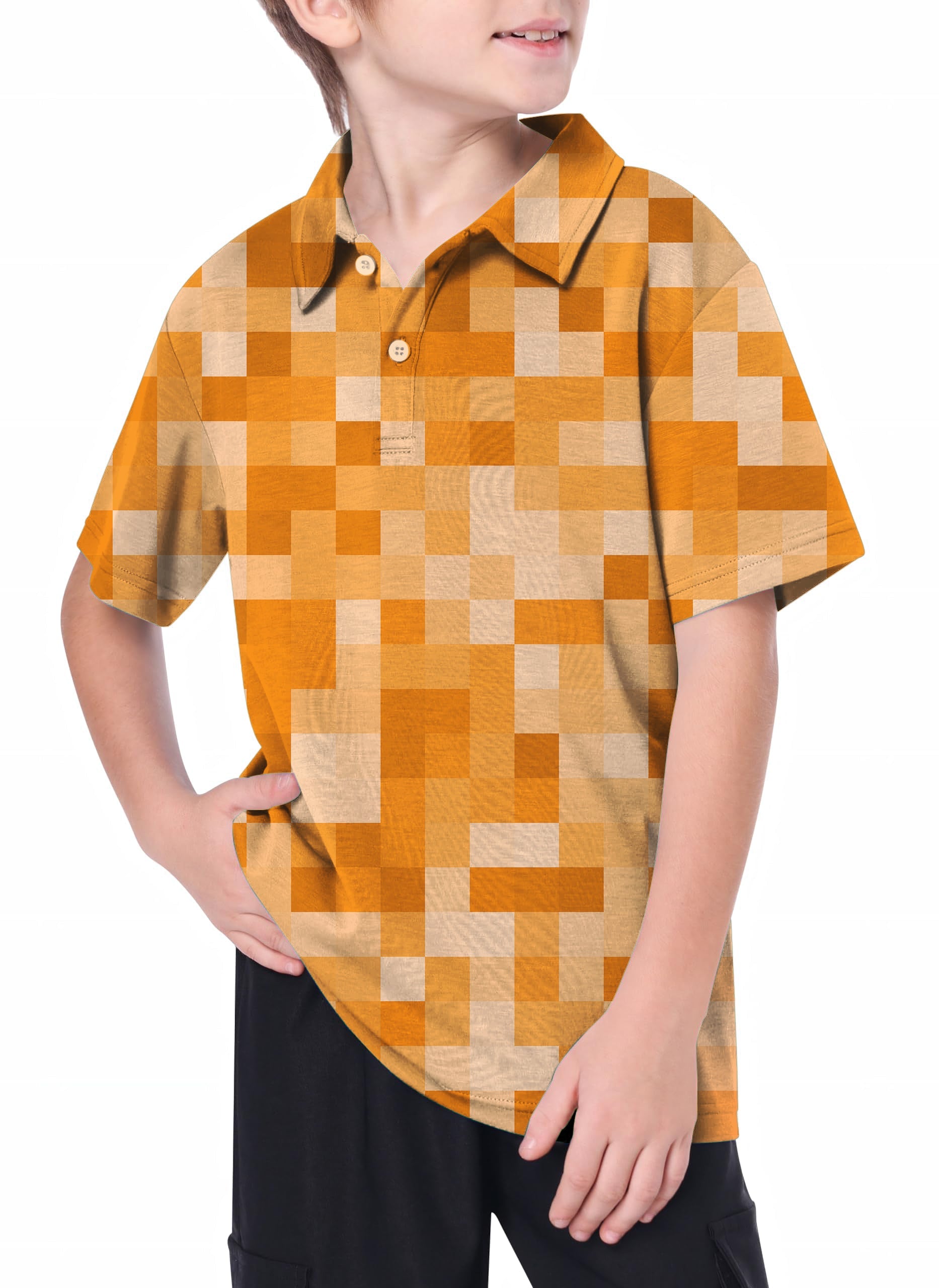 Youth orange pixel big golf polo with 4-way stretch and moisture-wicking fabric worn by youth model