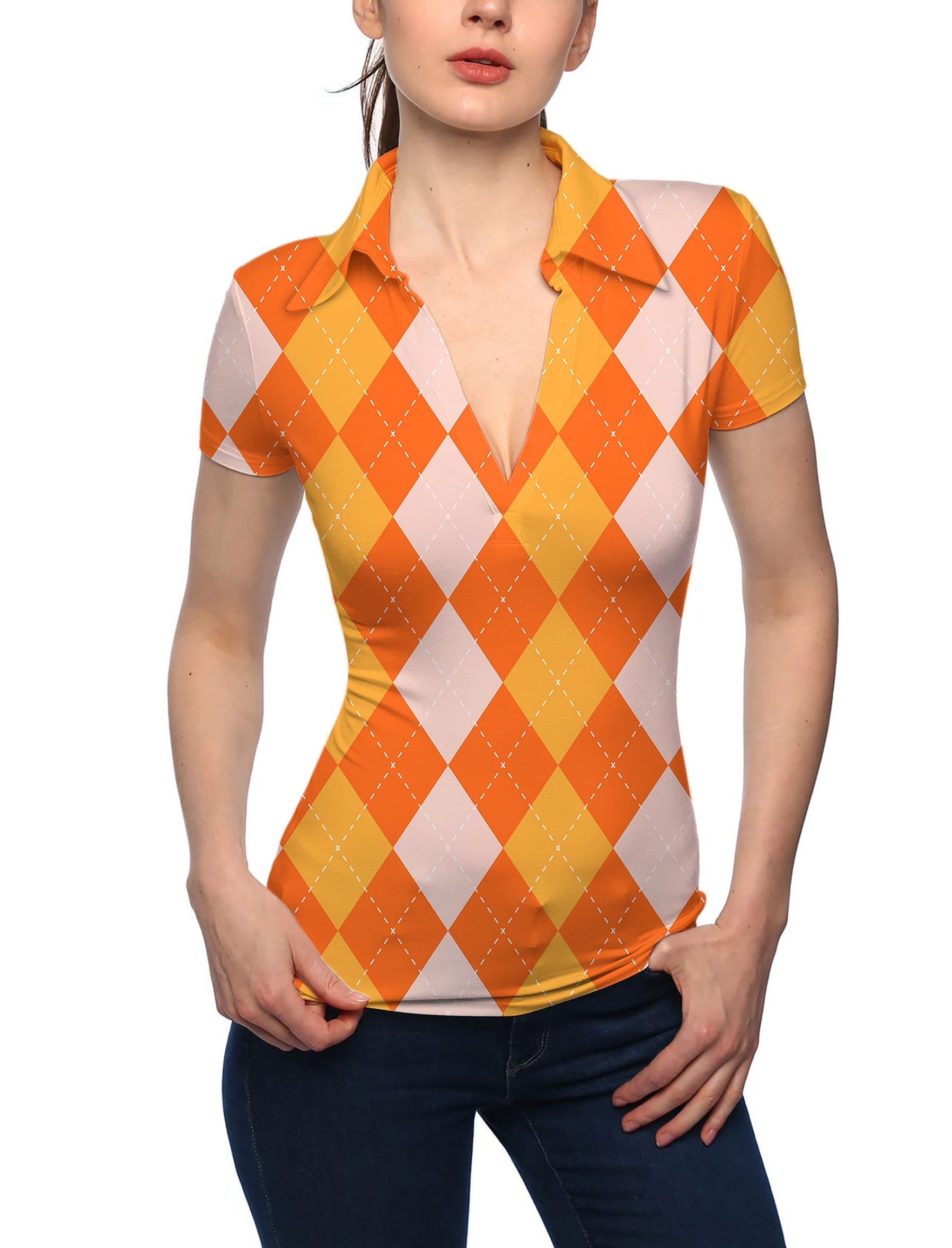 Women's Halloween orange apricot argyle V-neck golf polo shirt with stand collar and short sleeves