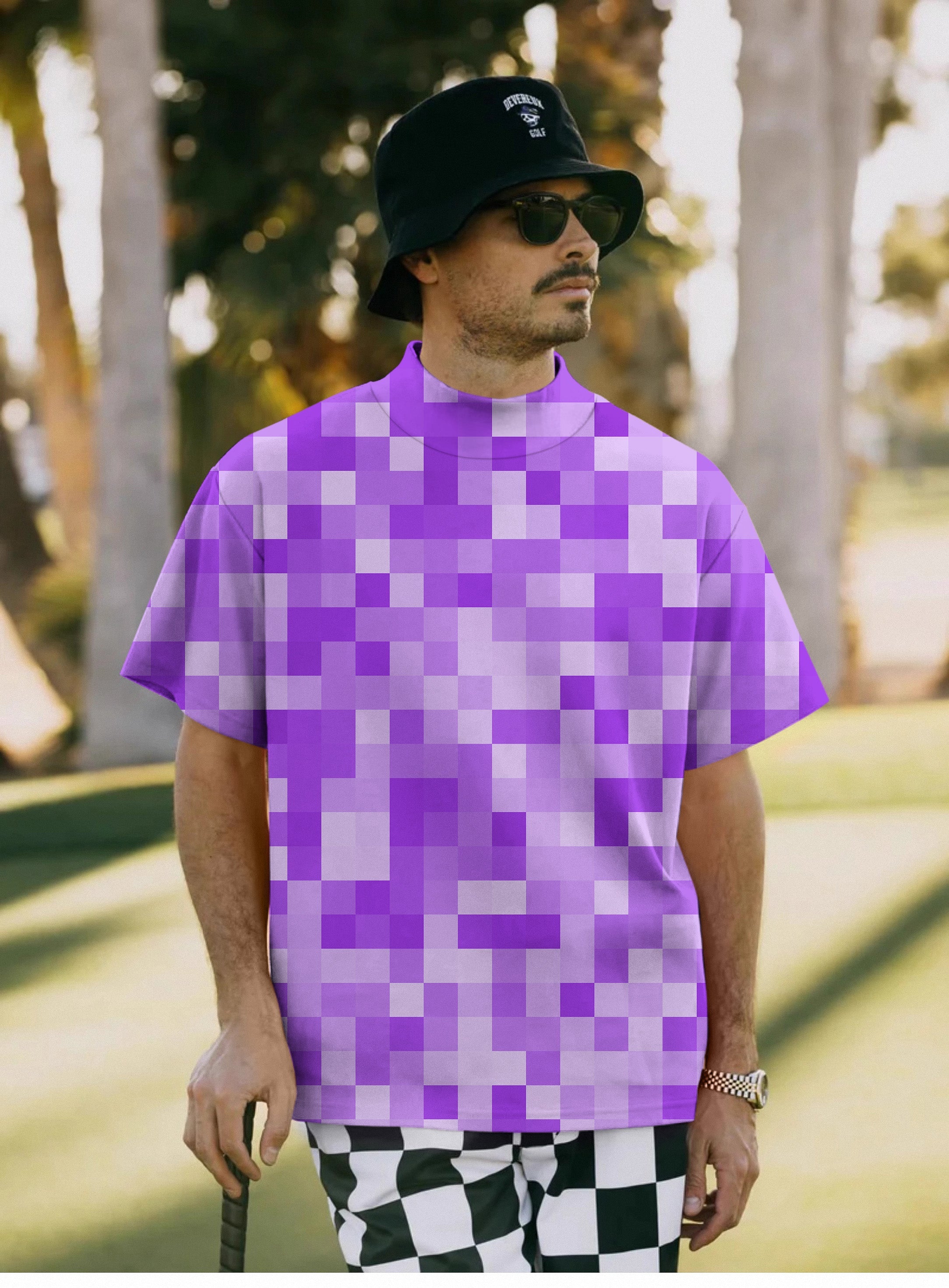 Men's Purple Pixel high neck pullover T-shirt with short sleeves and pixelated design