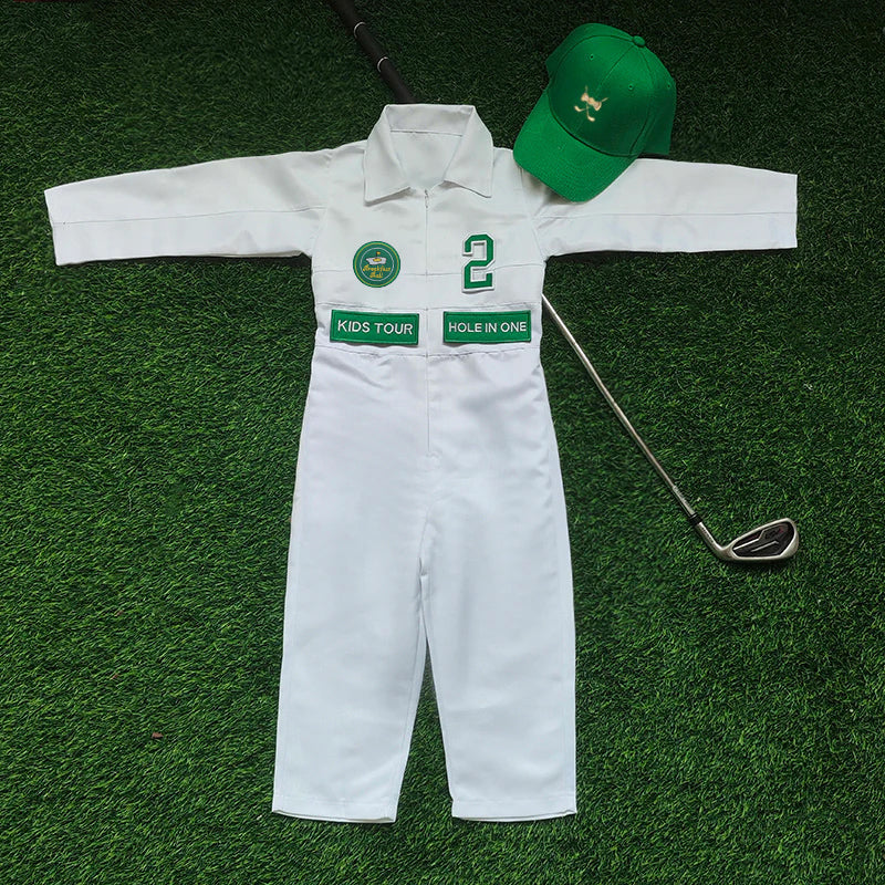 Custom Golf Long Pants Suit for kids Golf White-Green Suit Children's Jumpsuit Baby Golf Birthday Uniform With Hat