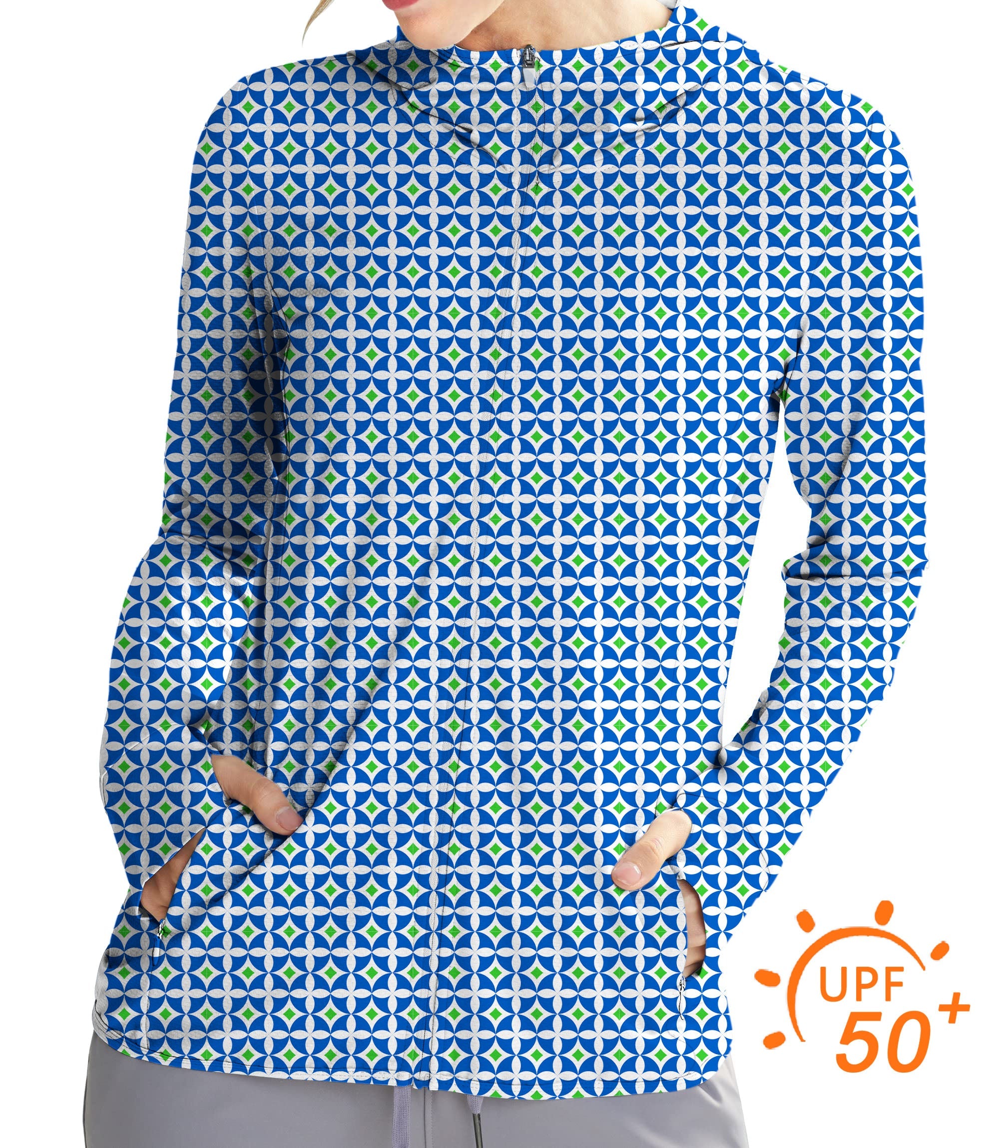 Women's outdoor blue-green diamond pattern slim fit golf hoodie with UPF 50+ sun protection and thumb holes