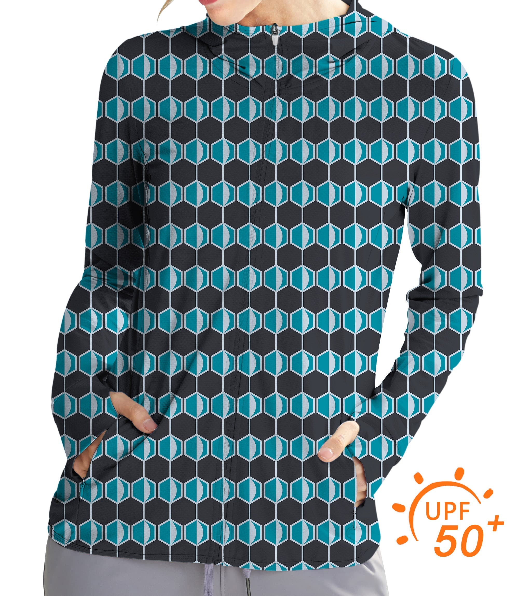 Women's outdoor navy blue hexagon pattern slim fit golf hoodie with sun protection UPF 50+