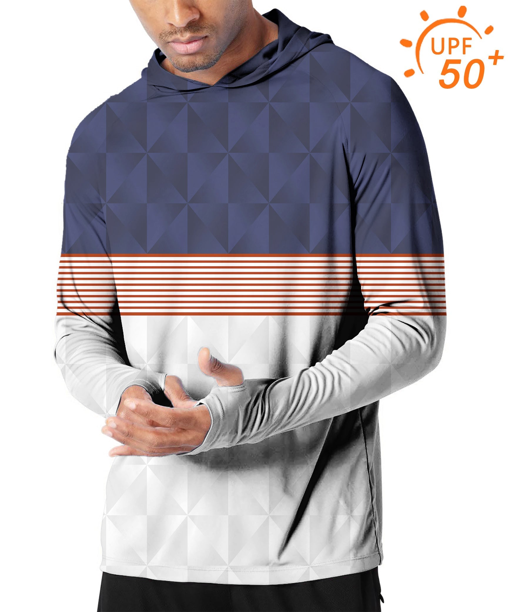 Men's outdoor stripe splicing slim fit hoodie with UPF 50+ sun protection and thumb holes for active sports.