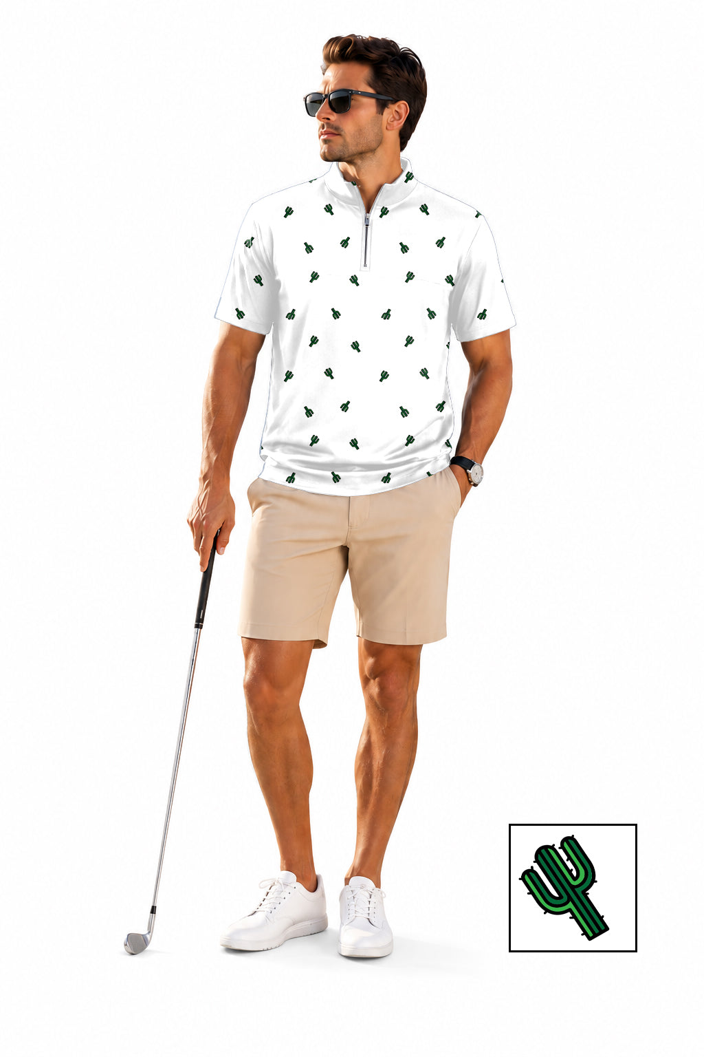 Men's Short Sleeve Quarter Zip Golf Pullover Cactus Custom The Background Color Embroidery