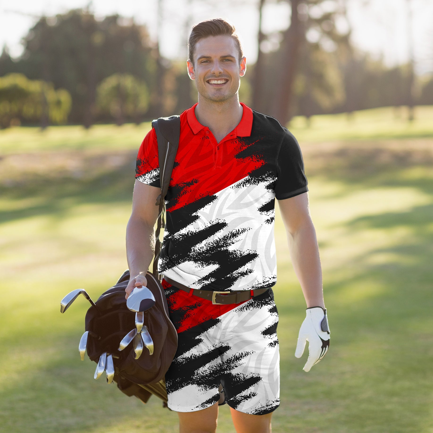 Men's golf set with red, black, and white polo and shorts in custom sport team design
