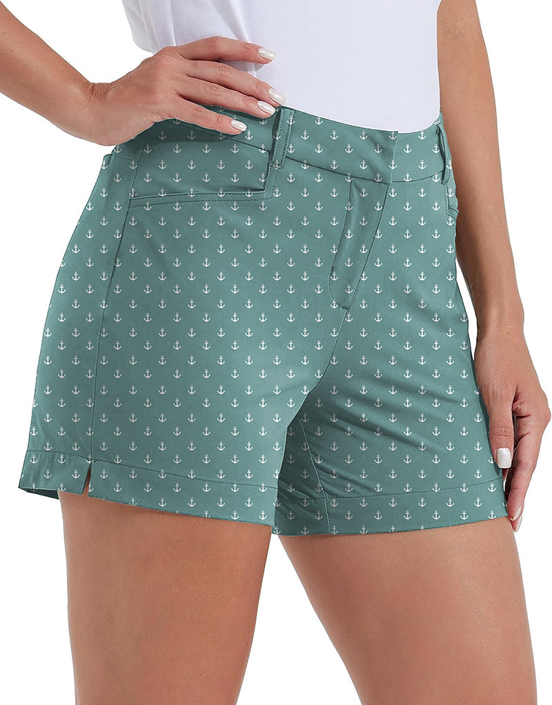Women’s green blue Anchor Polo golf shorts with anchor print, quick-drying, waterproof, and pockets for outdoor casual wear