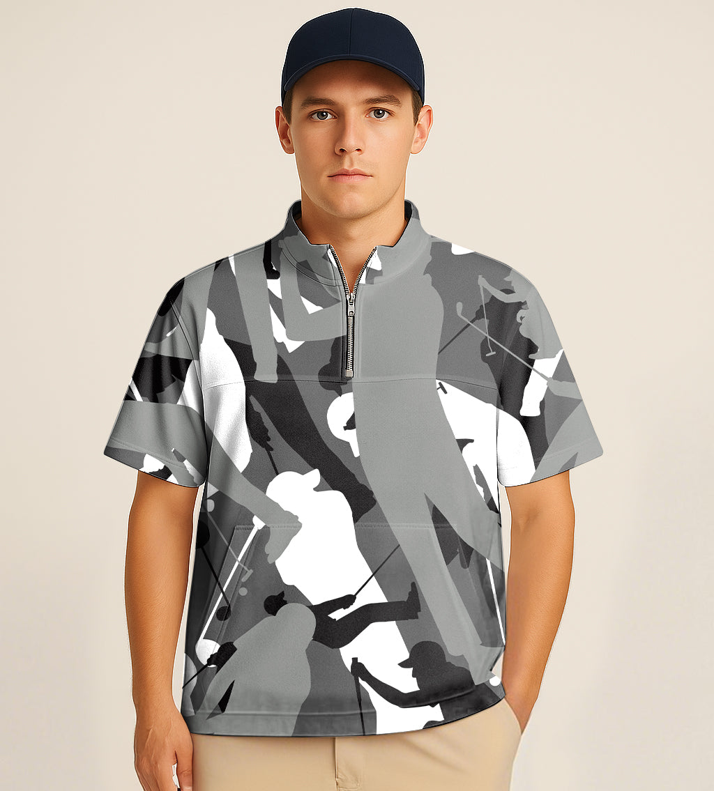 Half zipper turtleneck golf shirt with black and white golf embroidery and abstract pattern