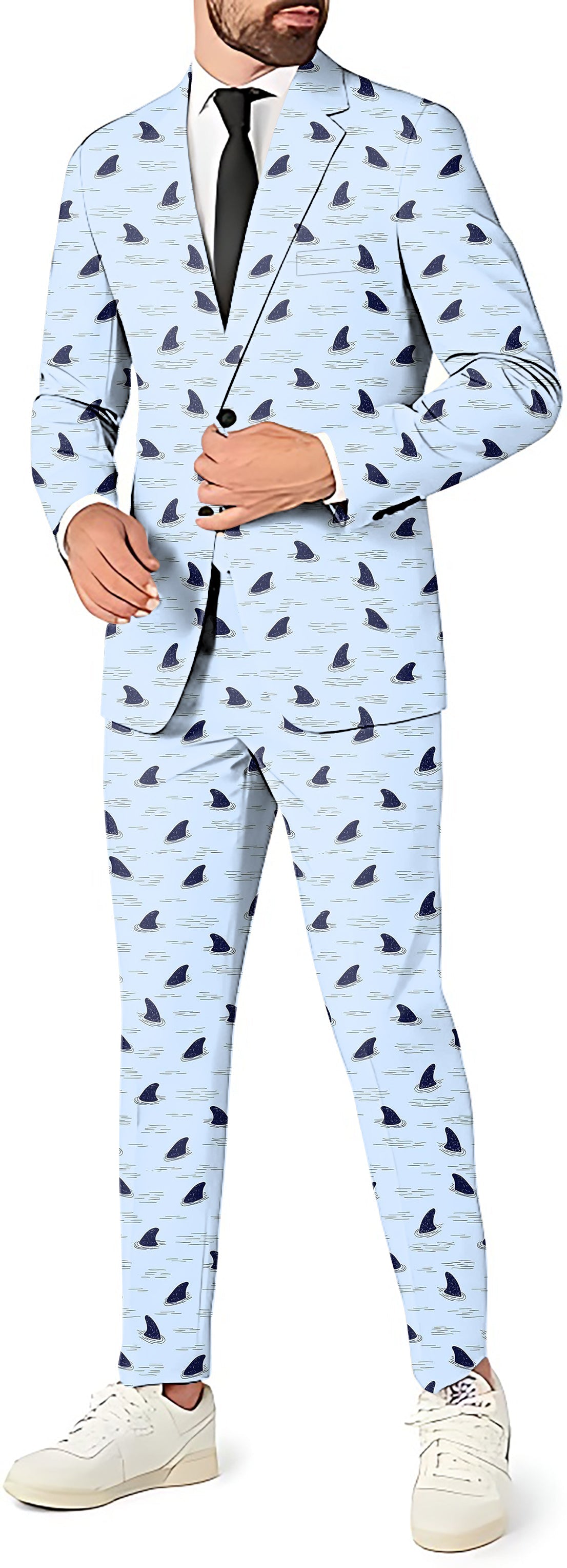 Men's sharks print slim fit blazer, vest, and pants party suit set