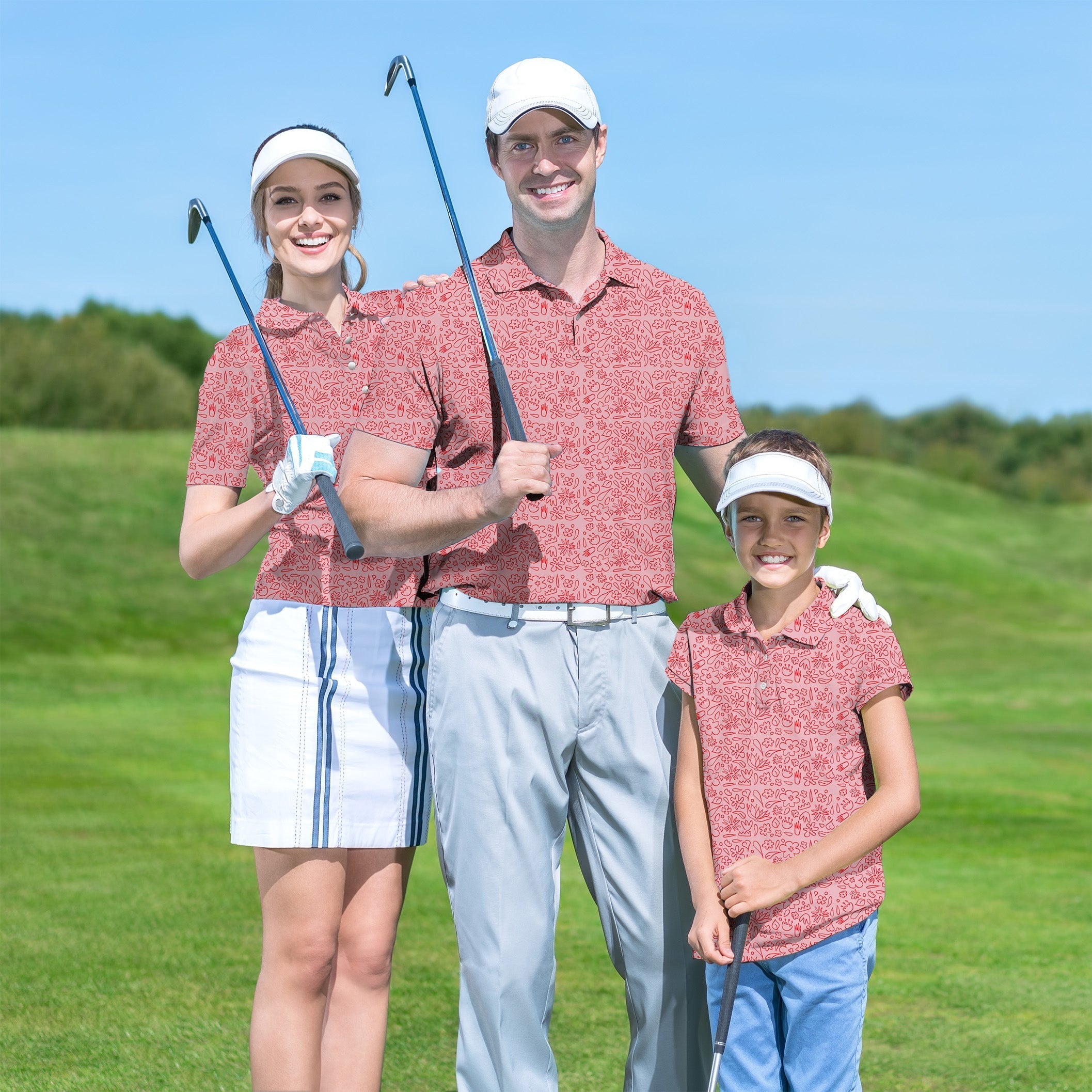 Family wearing matching pink floral golf outfits from Family Simple Pink Flower Drawing set on golf course