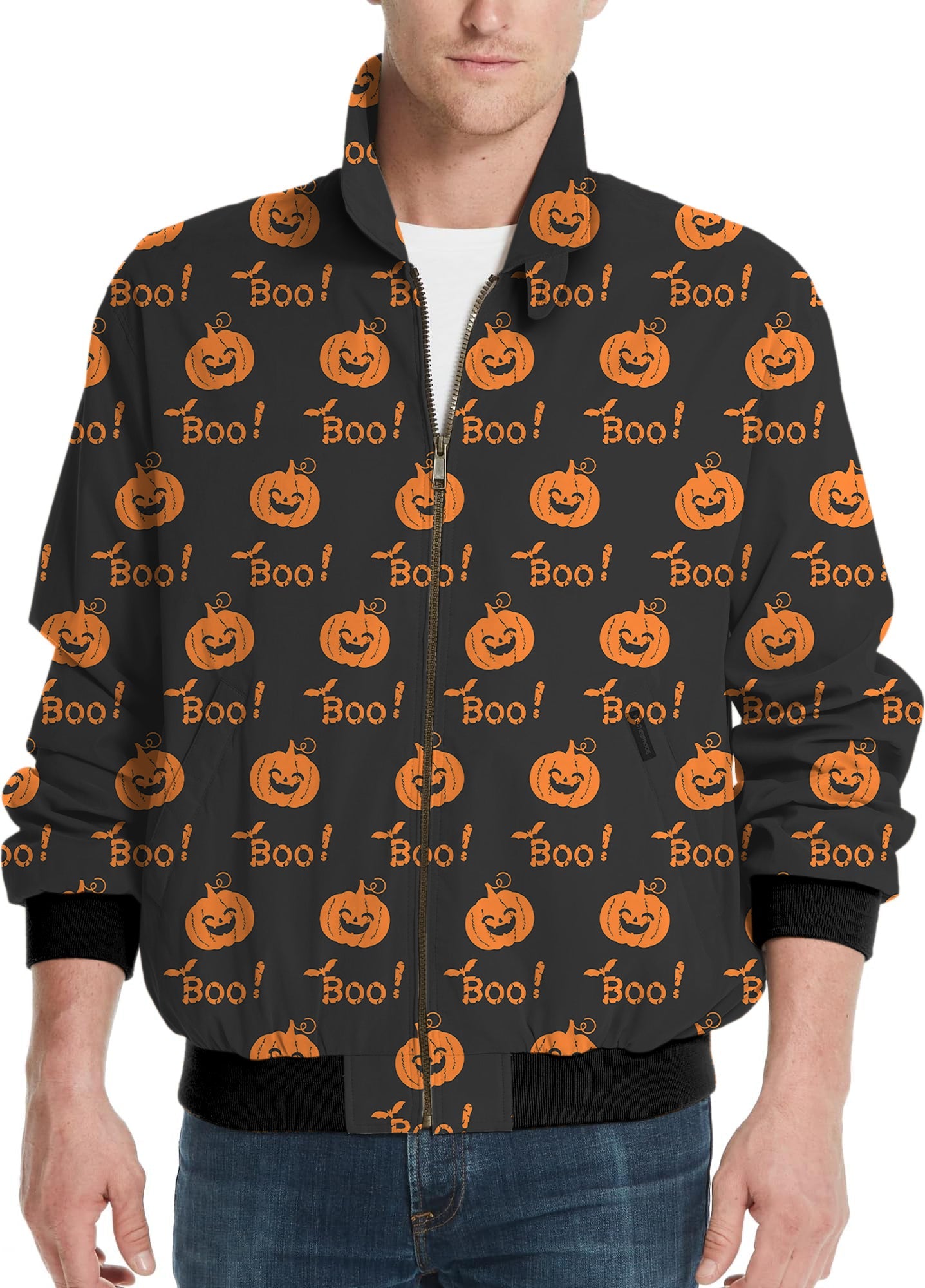 Men's Halloween Boo Pumpkin golf windbreaker jacket with orange pumpkins and "Boo!" text pattern