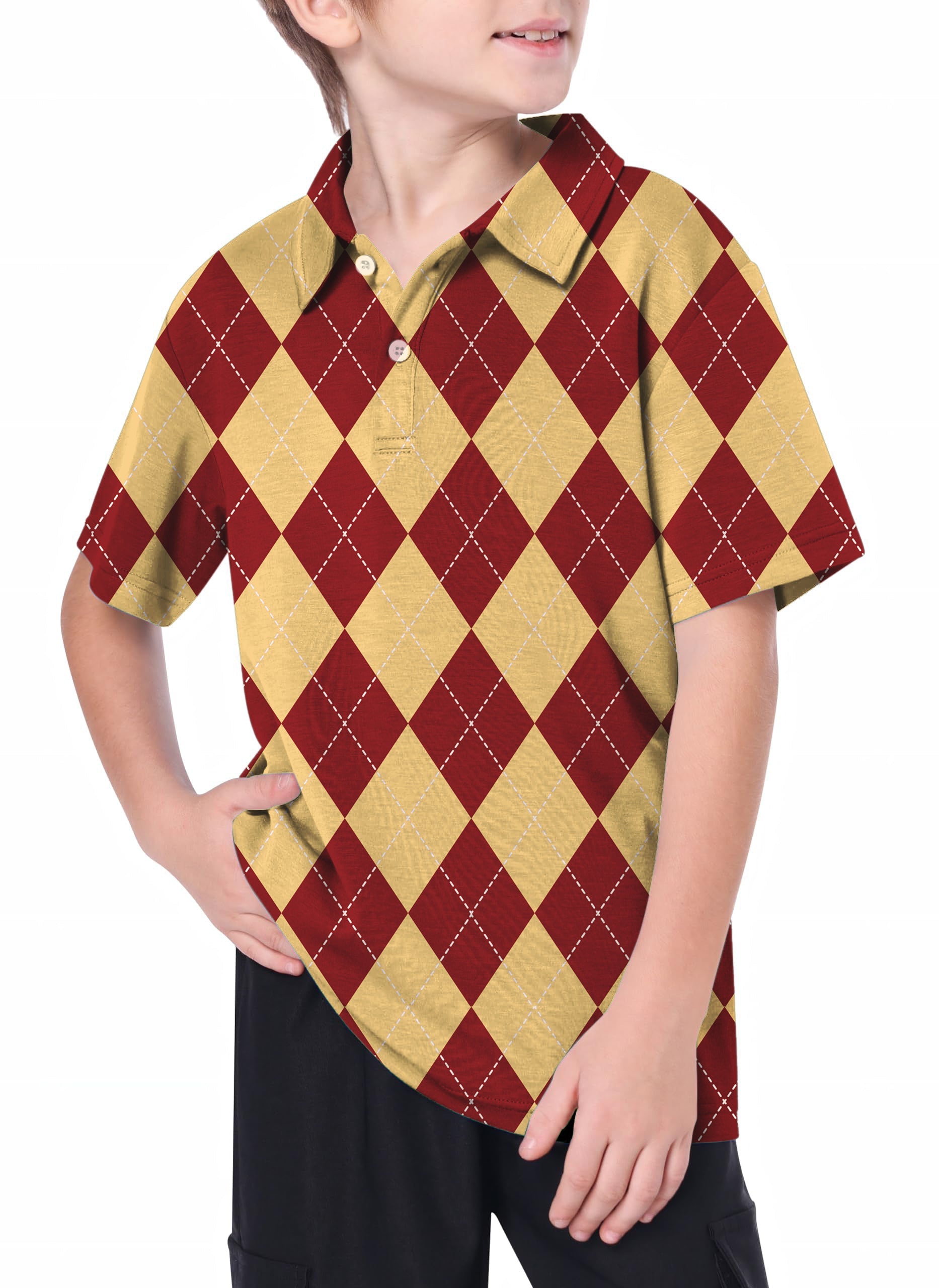 Youth yellow red argyle golf polo shirt for youth women's outdoor activities