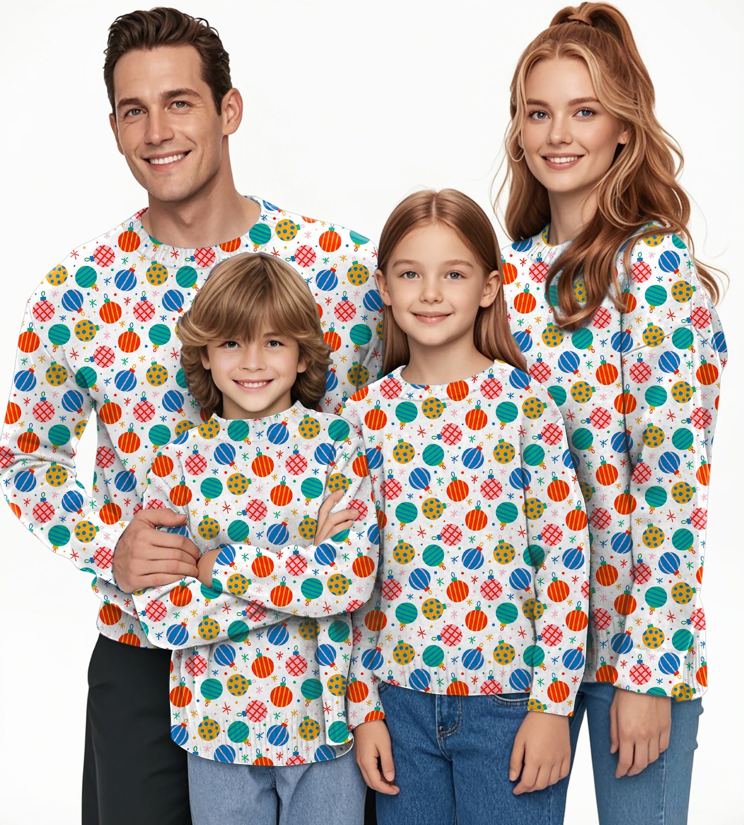 Family wearing matching Christmas decoration crewneck pullover ugly sweaters with colorful ornament patterns