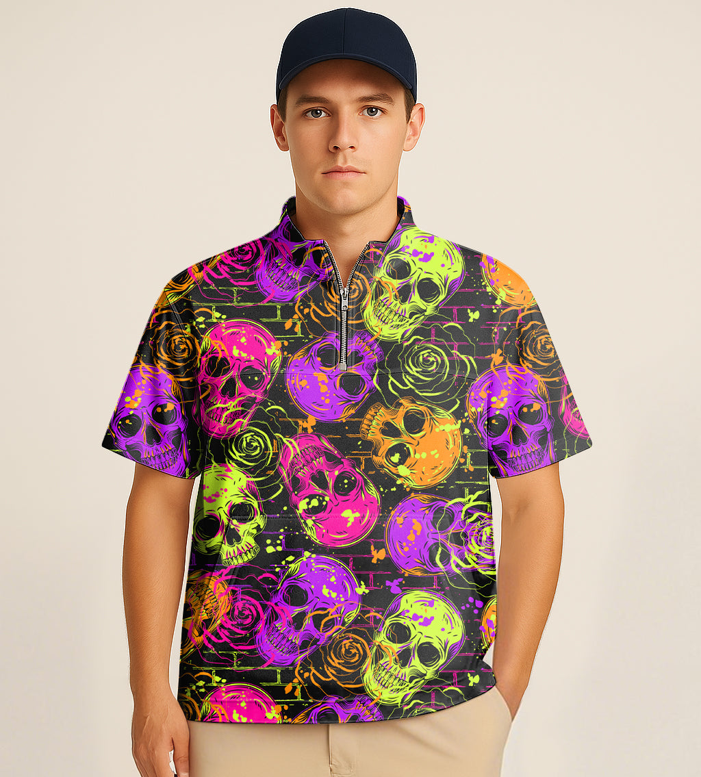Half zipper turtleneck golf shirt with Halloween skull embroidery in bright colors