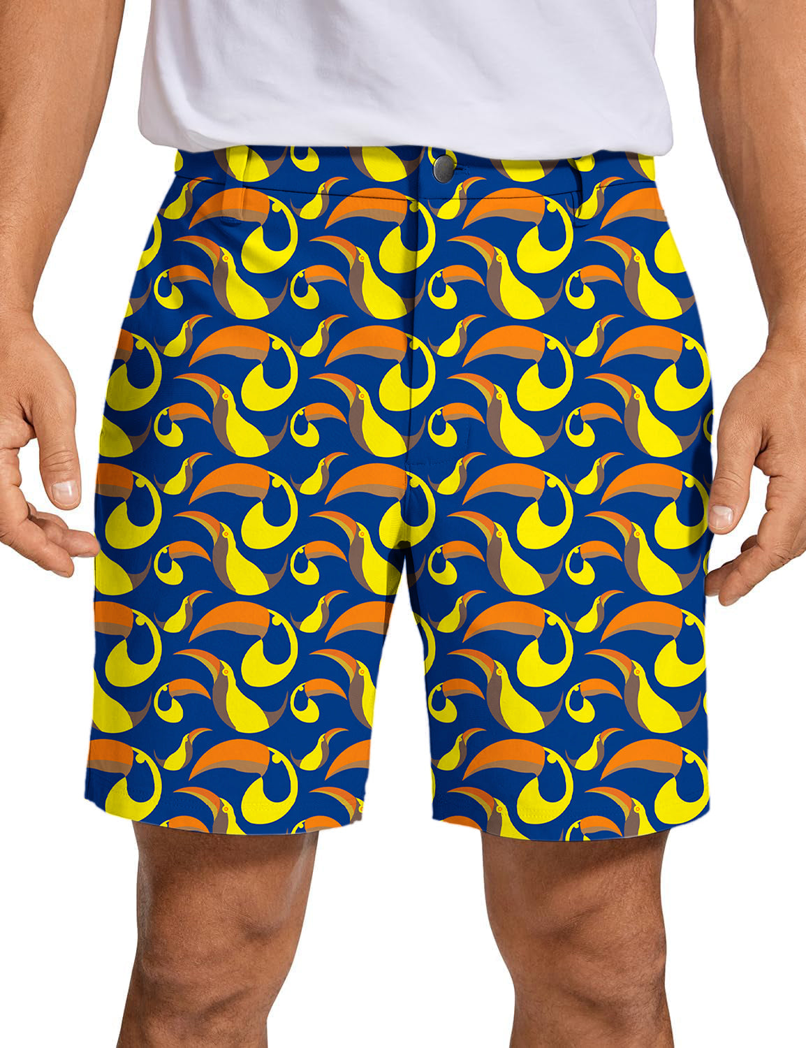 Men's toucan golf shorts with vibrant yellow and orange toucan pattern, lightweight and breathable performance fabric.