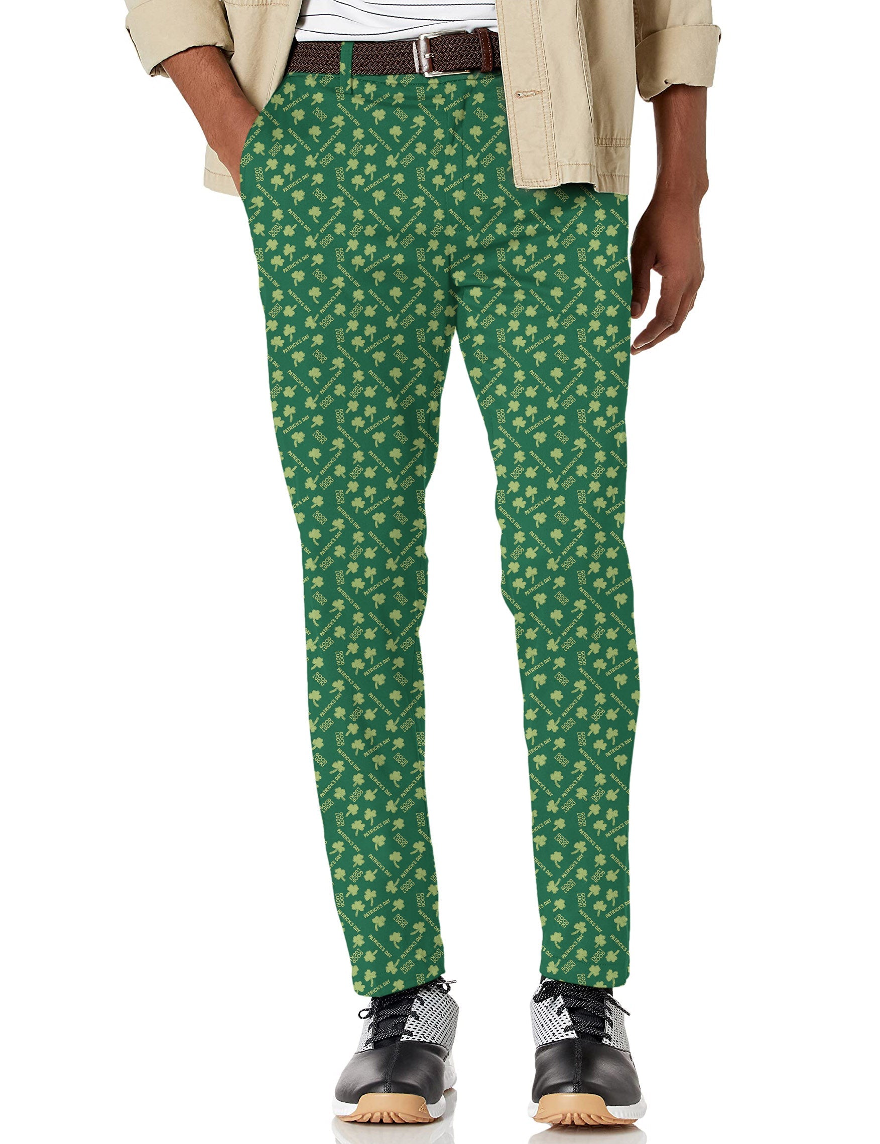 Men's green leaf clover St. Patrick's Day stretch golf pants with moisture-wicking fabric and active waistband