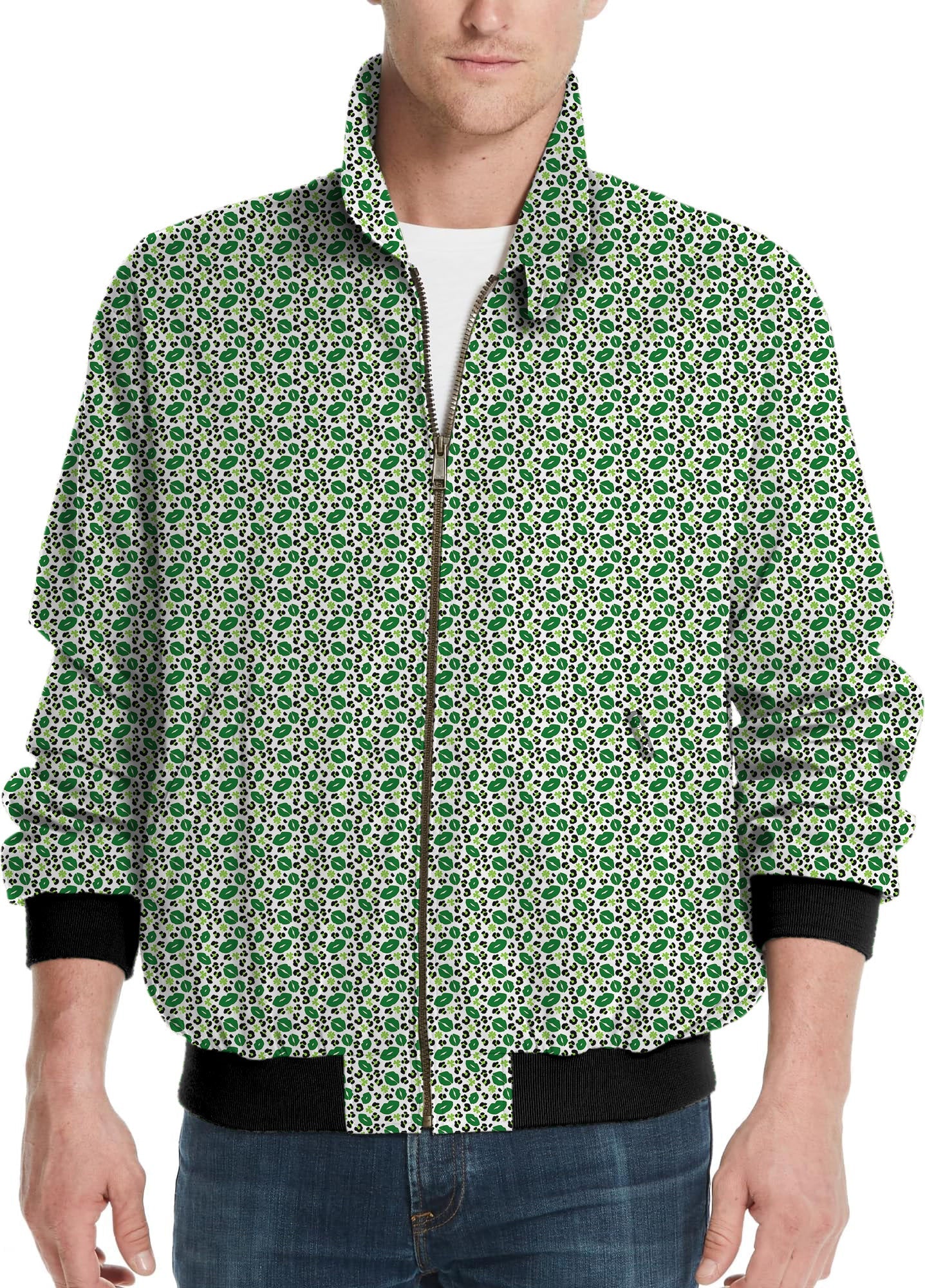 Men's green leopard kiss St. Patrick's Day golf windbreaker jacket with full zip and black cuffs