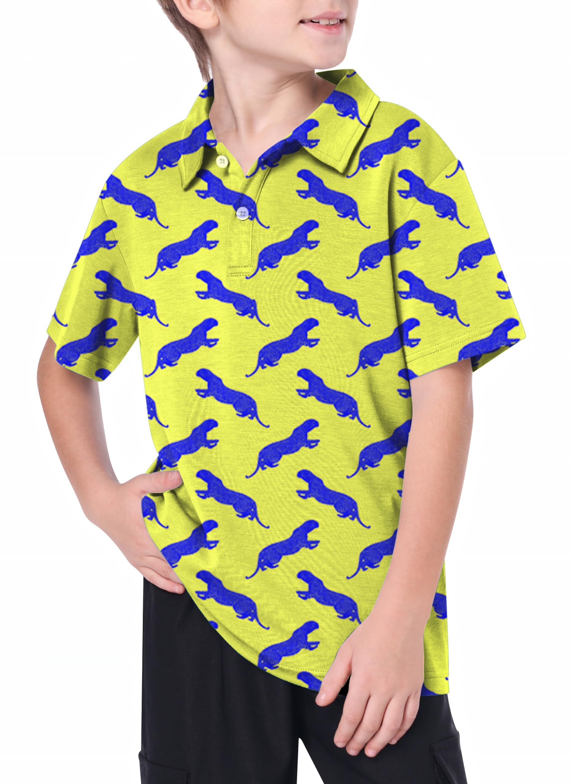 Youth blue leopard golf polo shirt with 4-way stretch and moisture-wicking fabric
