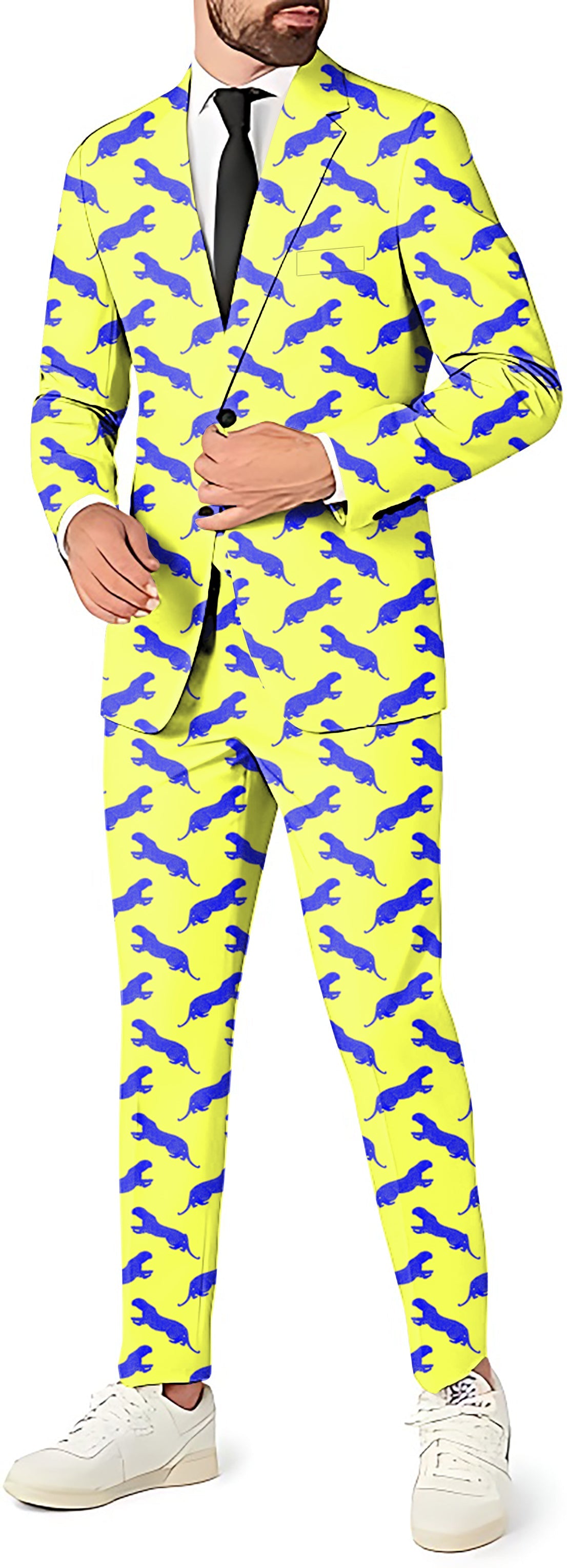 Men's party costume yellow blazer and pants with blue leopard print suit set