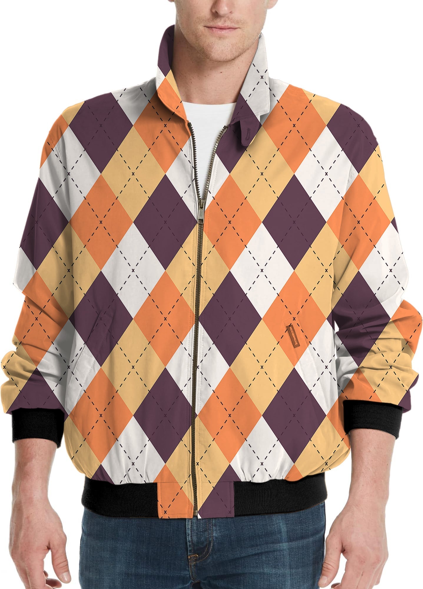 Halloween orange white brown argyle men's golf windbreaker jacket with zipper and black cuffs