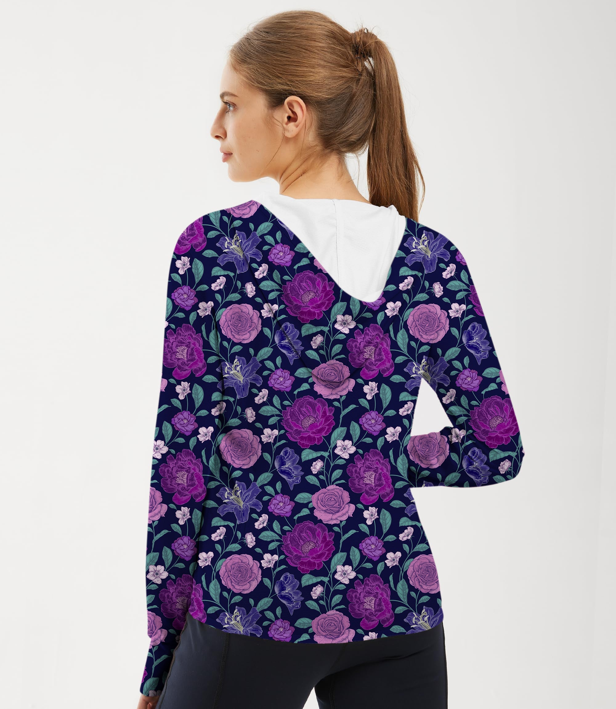 Women's outdoor purple floral golf sun protection slim fit zip hoodie back view