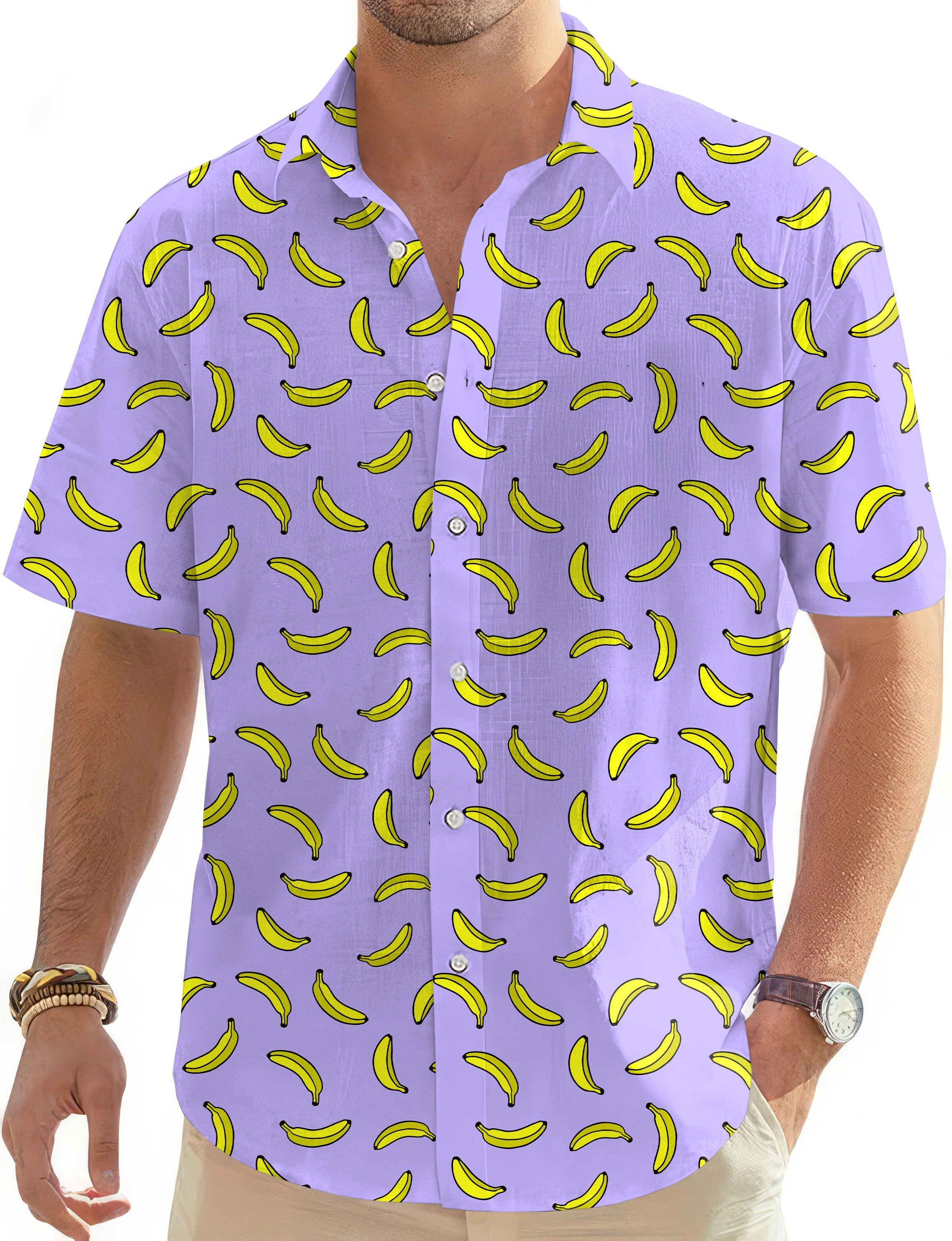 Taro purple banana men's golf Hawaiian button down shirt with yellow banana print and short sleeves
