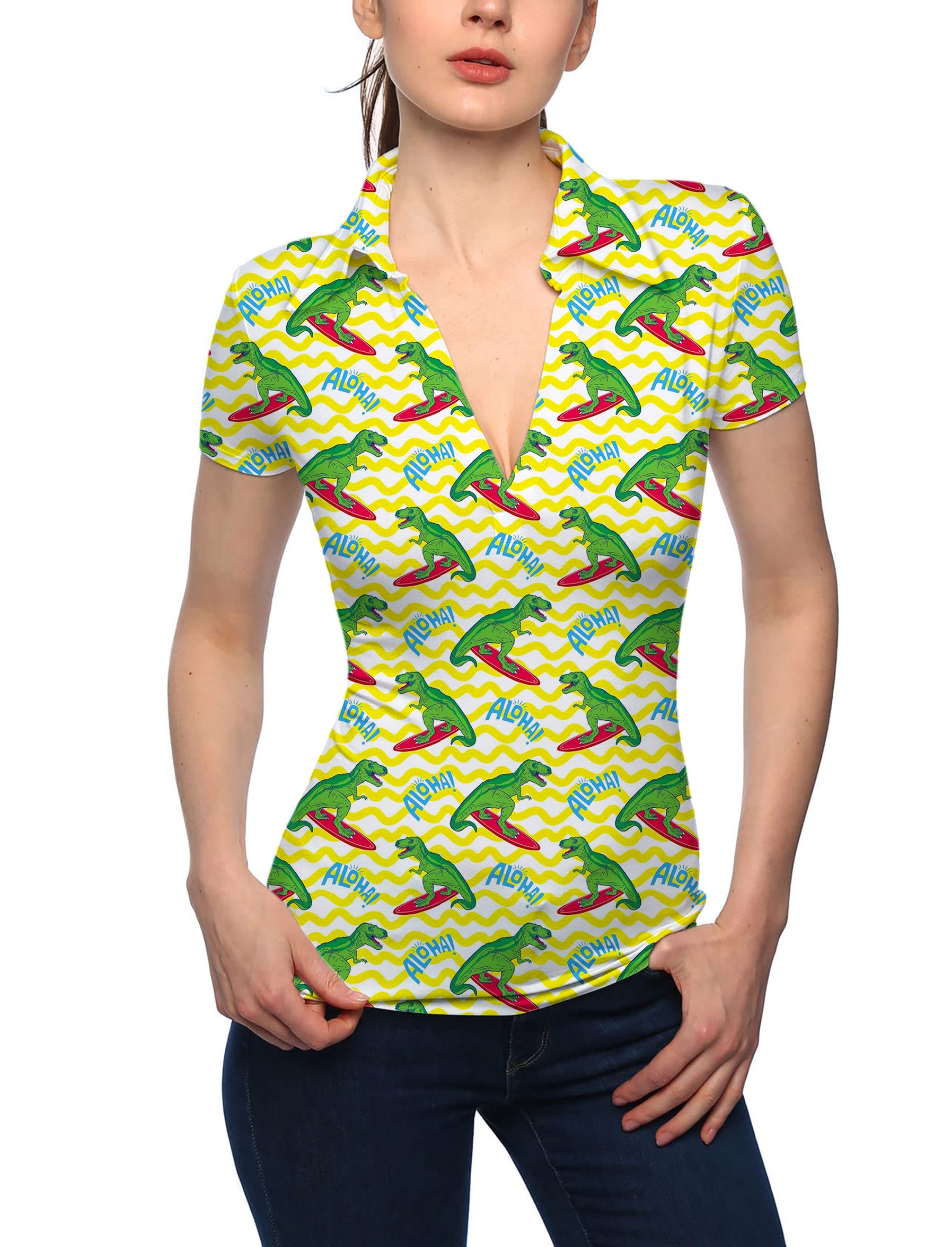 Women's Friendly Dinos V Neck Golf Polo