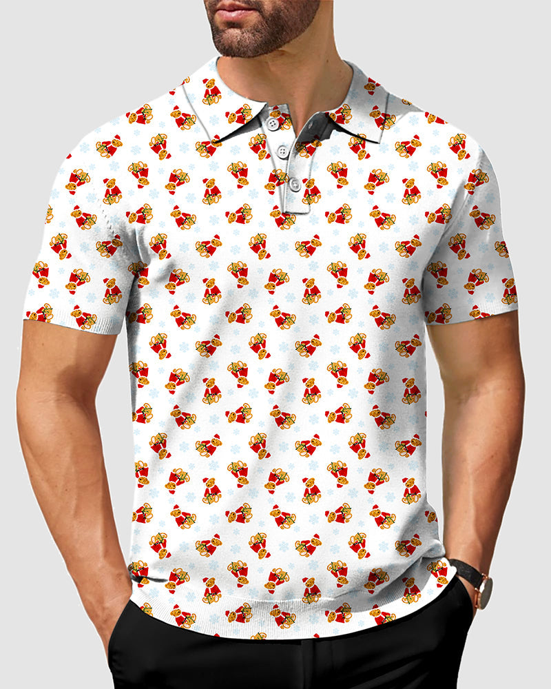 Men's Christmas Teddy Bear Polo shirt with festive teddy bear pattern, moisture-wicking fabric, wrinkle-resistant, UPF 40+ protection, and classic fit