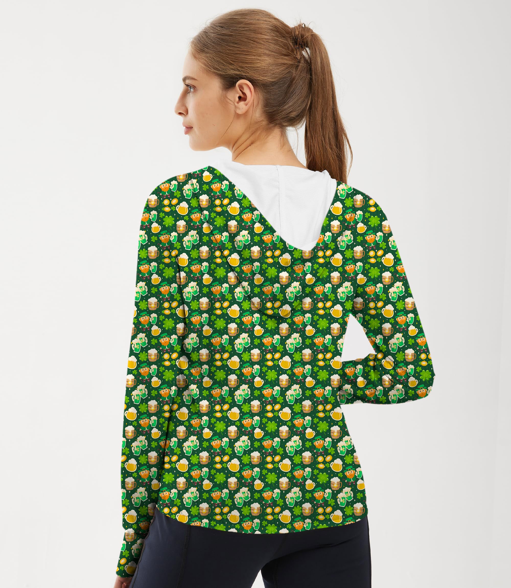 Women's Outdoor Green beer clover leaf St. Patrick's Day Golf Sun Protection Slim Fit zip hoodies