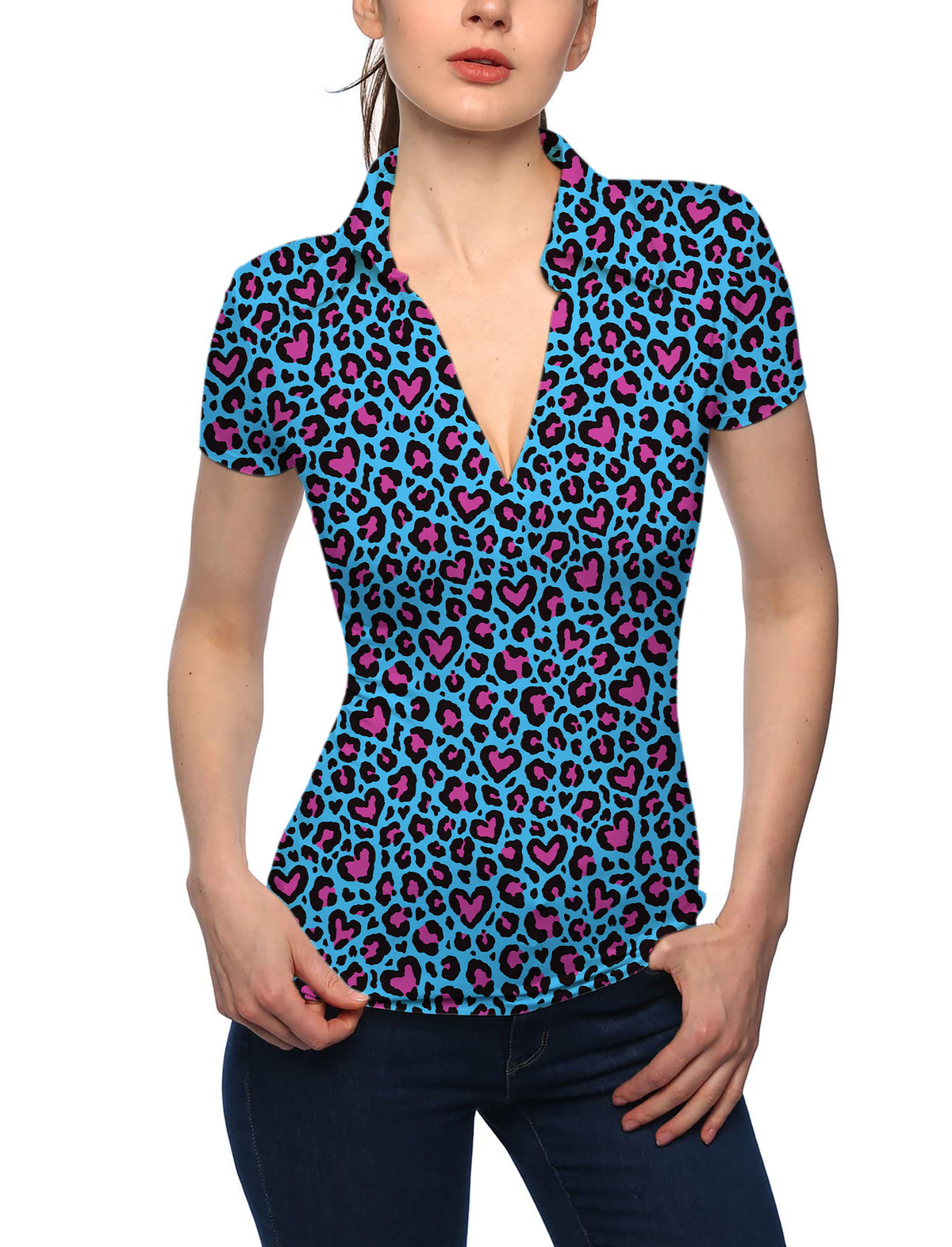 Women's Pink leopard print V Neck Golf Polo