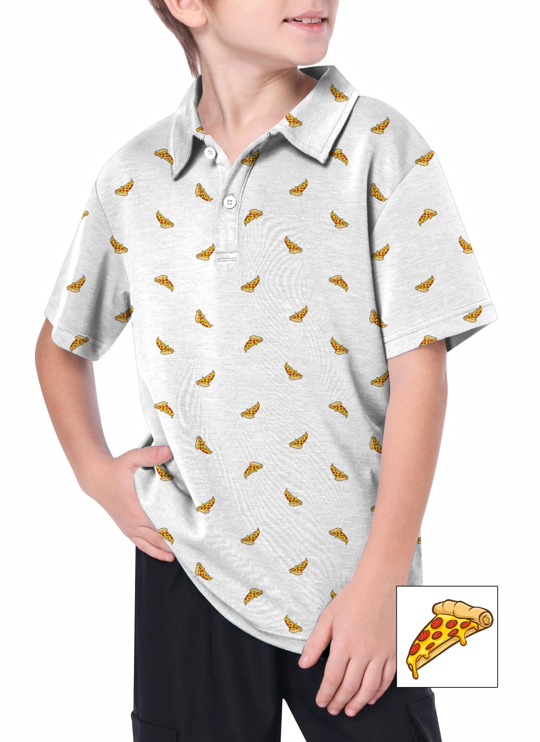 Youth golf polo with white background and delicious pizza print for kids