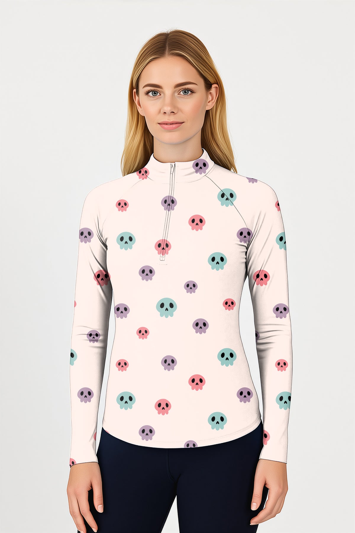 Colorful Halloween Skull Women's Golf Active 3/4 Zipper Top Long Sleeves