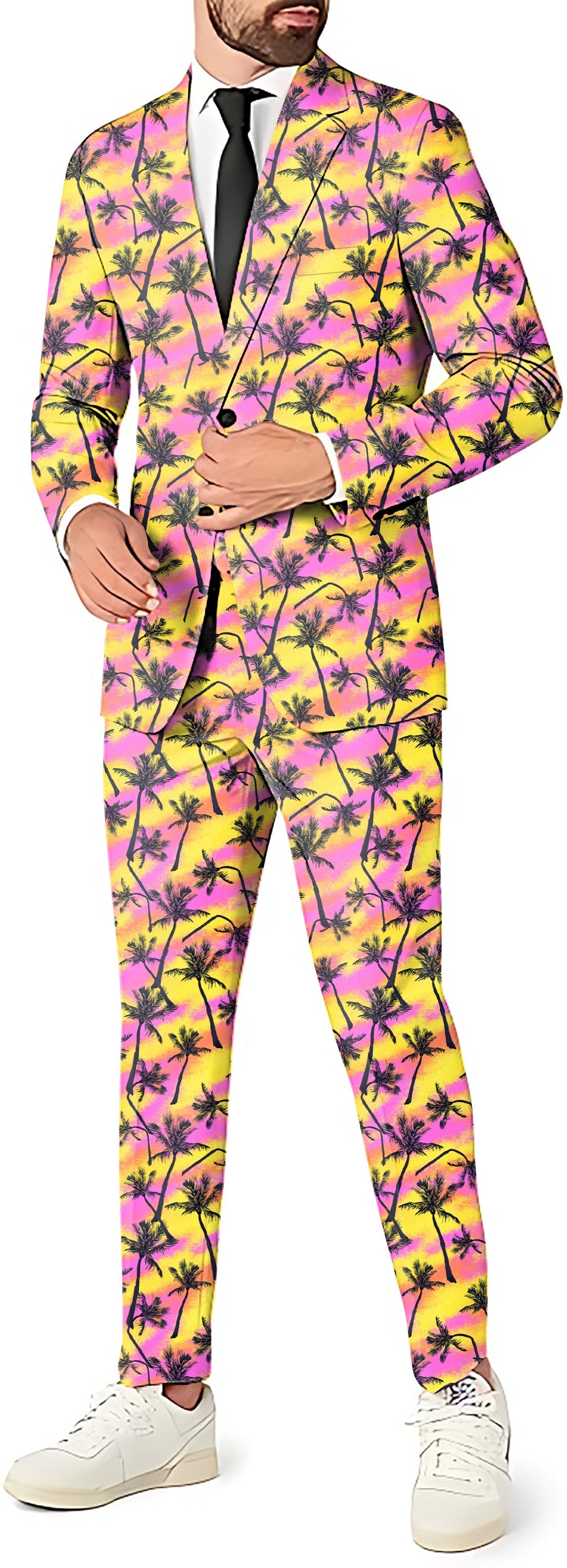 Men's party suit with graphic print blazer, pants, and vest in vibrant tropical design