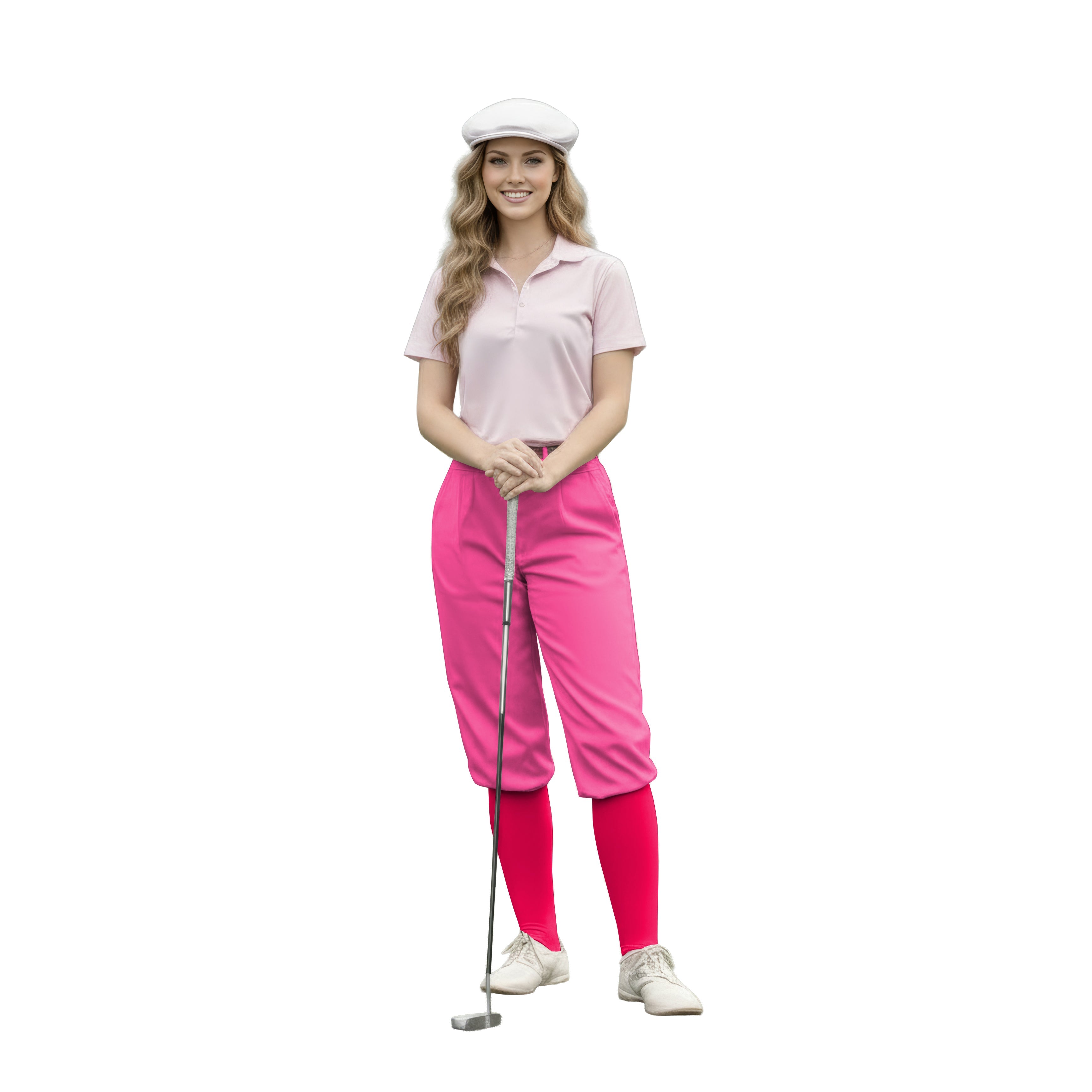 Woman wearing pure fuchsia womens golf knickers with pink polo and white cap holding golf club