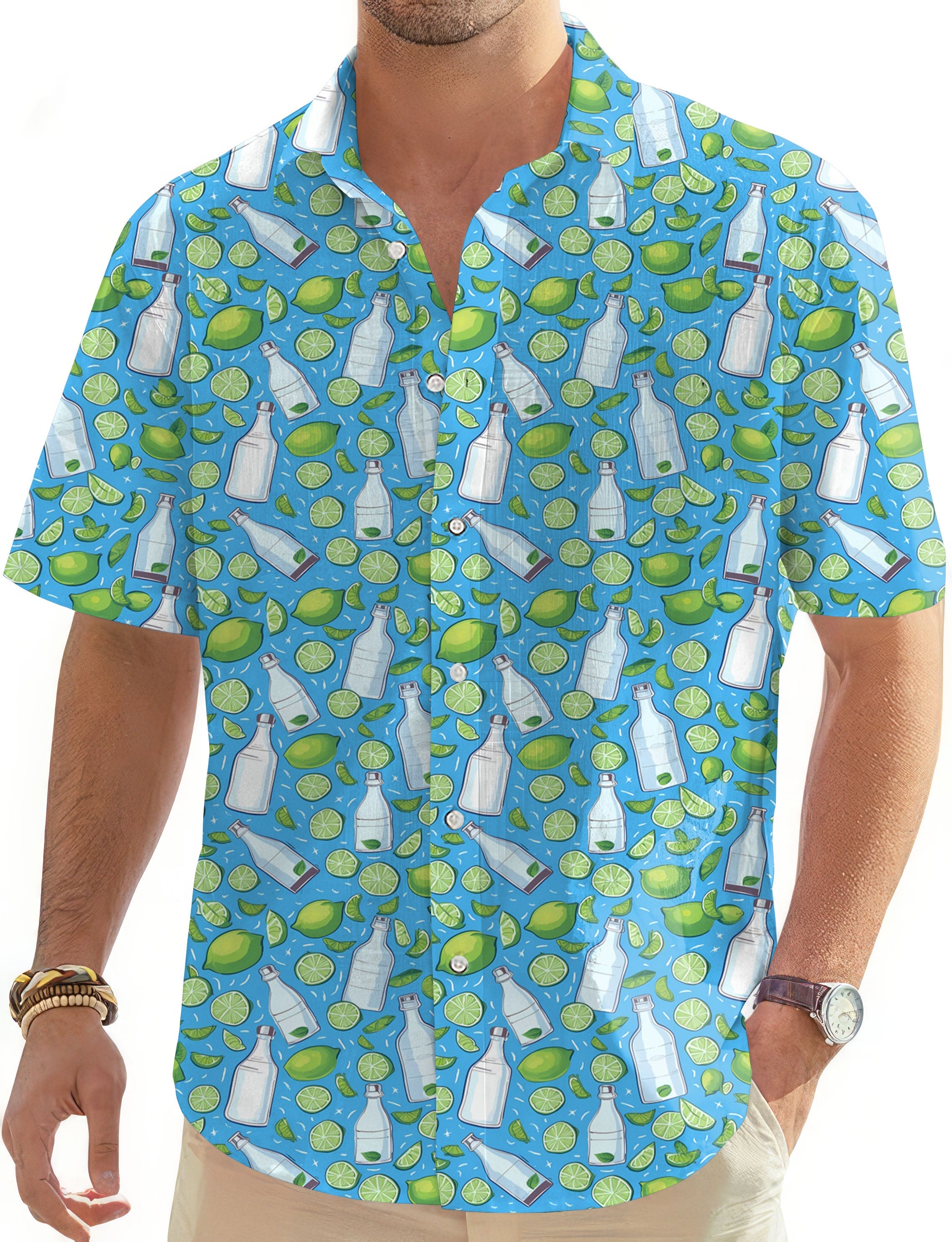 Men's Tequila Summer button-down Hawaiian shirt with lime and bottle print on blue background