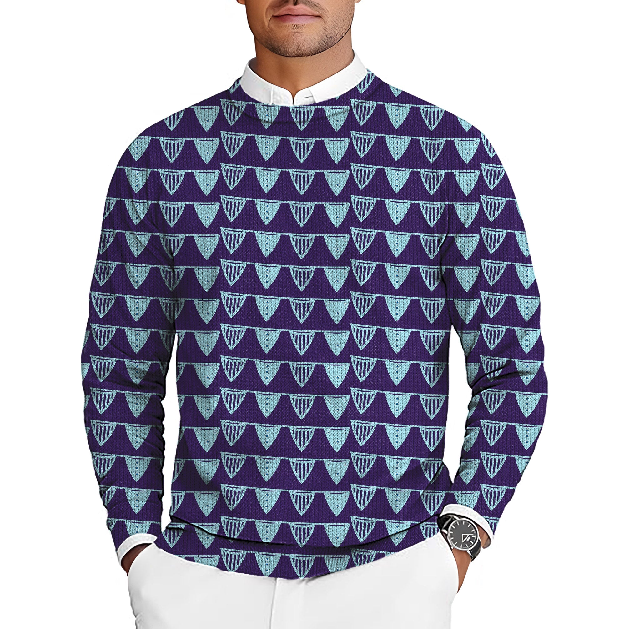Blue Flag limited edition men's golf crewneck pullover sweater with blue flag pattern